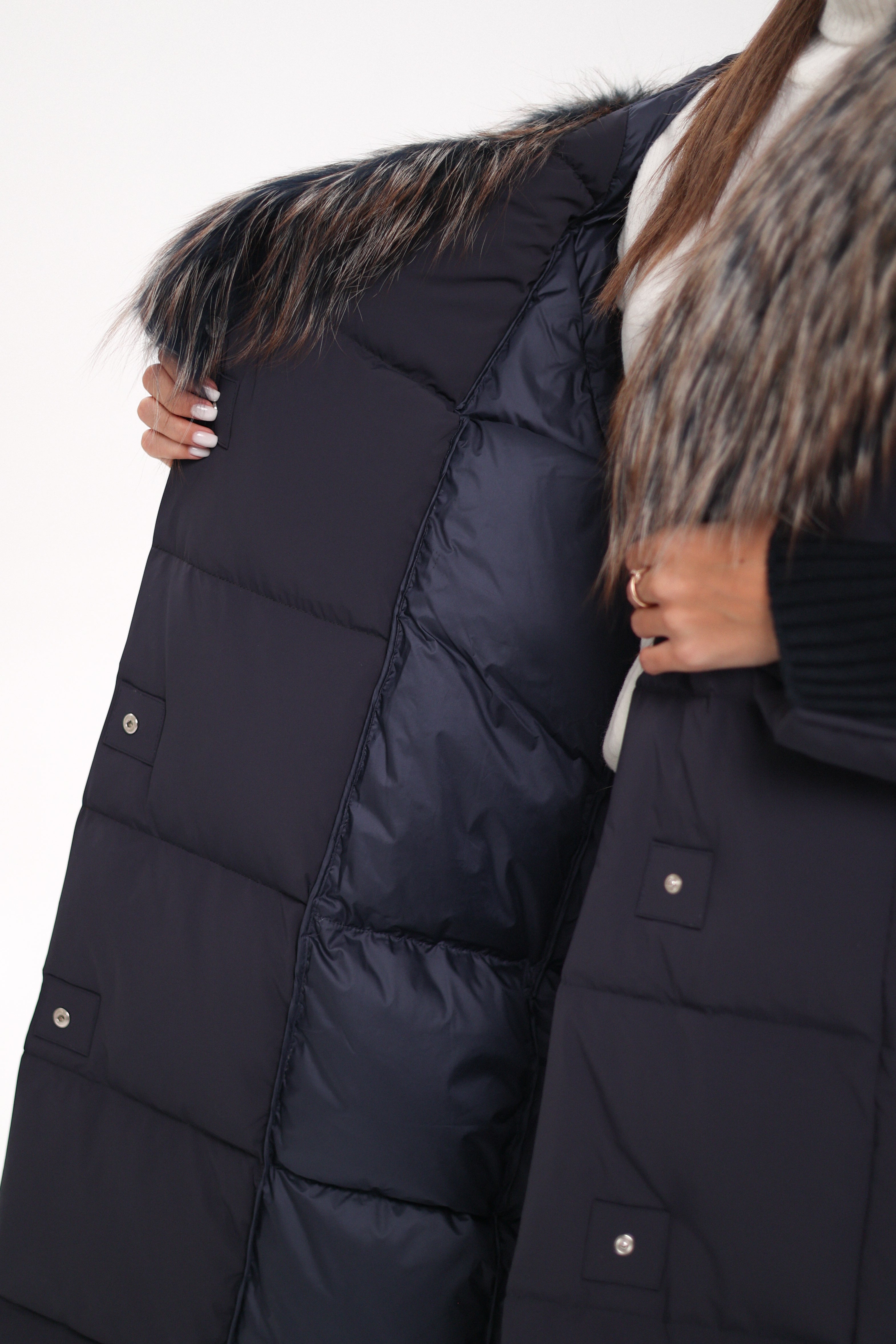 Rei Genuine Fur Trim Hooded Down Coat in Navy - Energize Trek