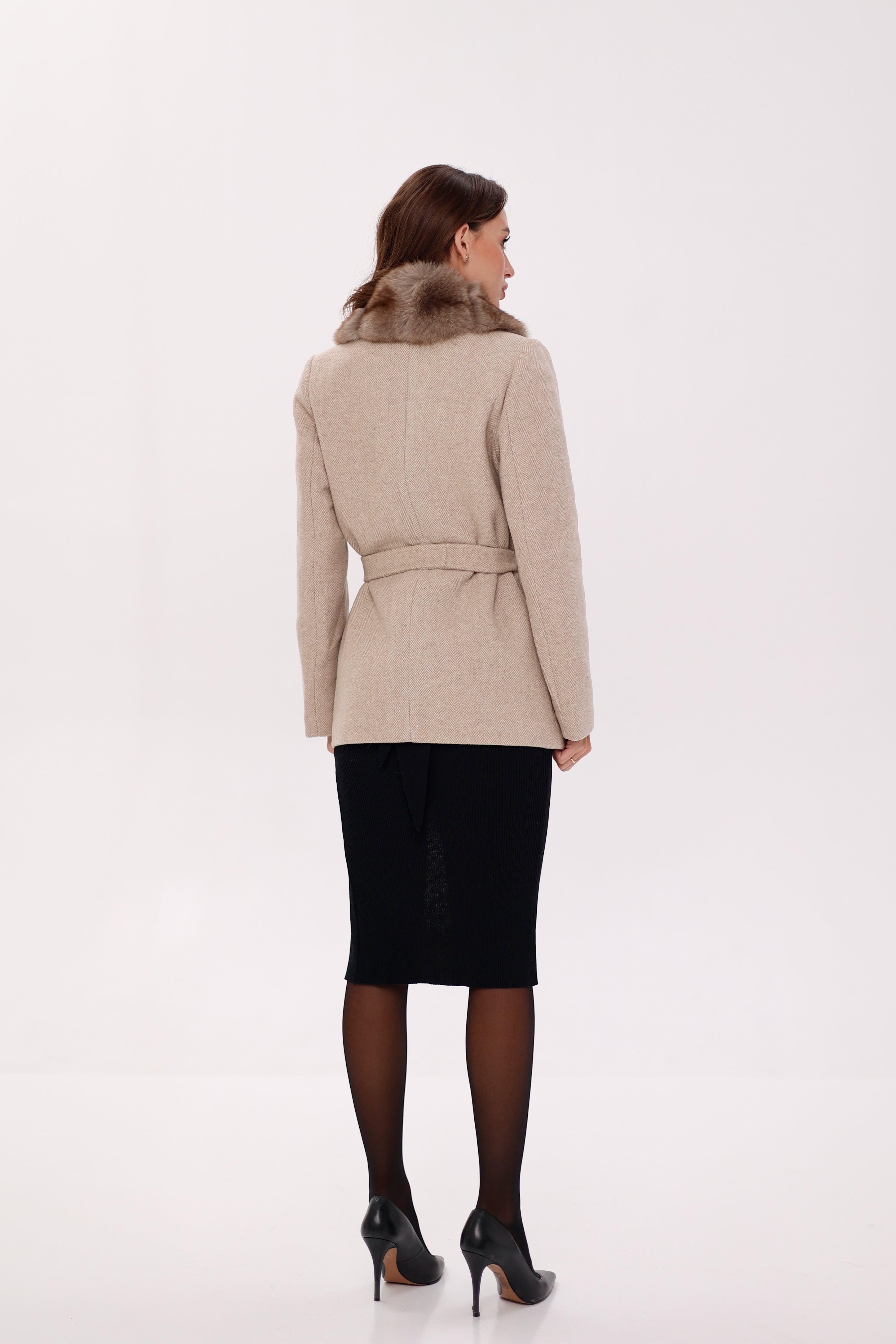 Genuine Polar Fox Fur Virgin Wool Coat in Nude - Energize Trek