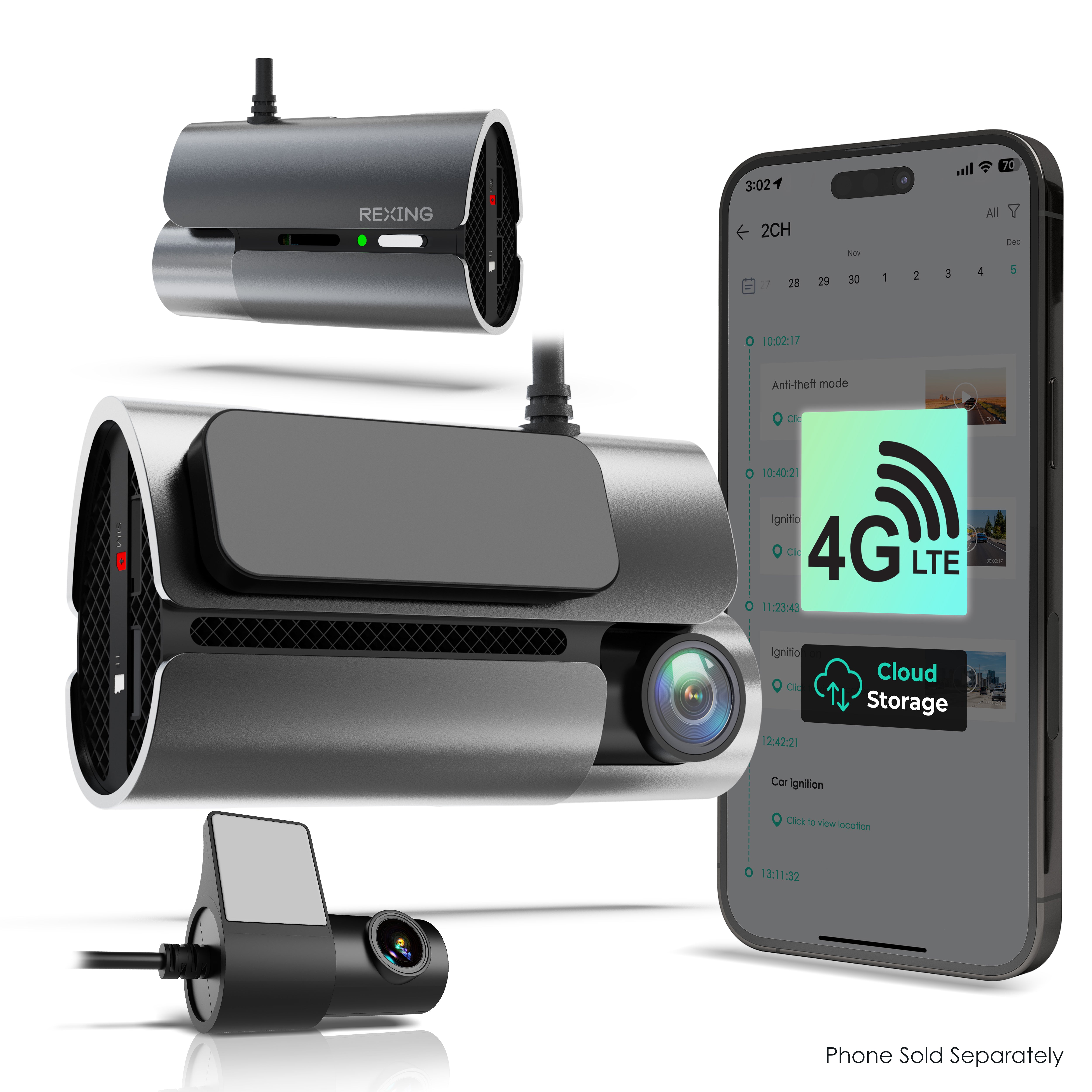 Rexing 4G LTE 2-Channel Dash Cam with GPS – 2.5K Front + 1080p Rear | Real-Time Remote Access & Alerts - Energize Trek