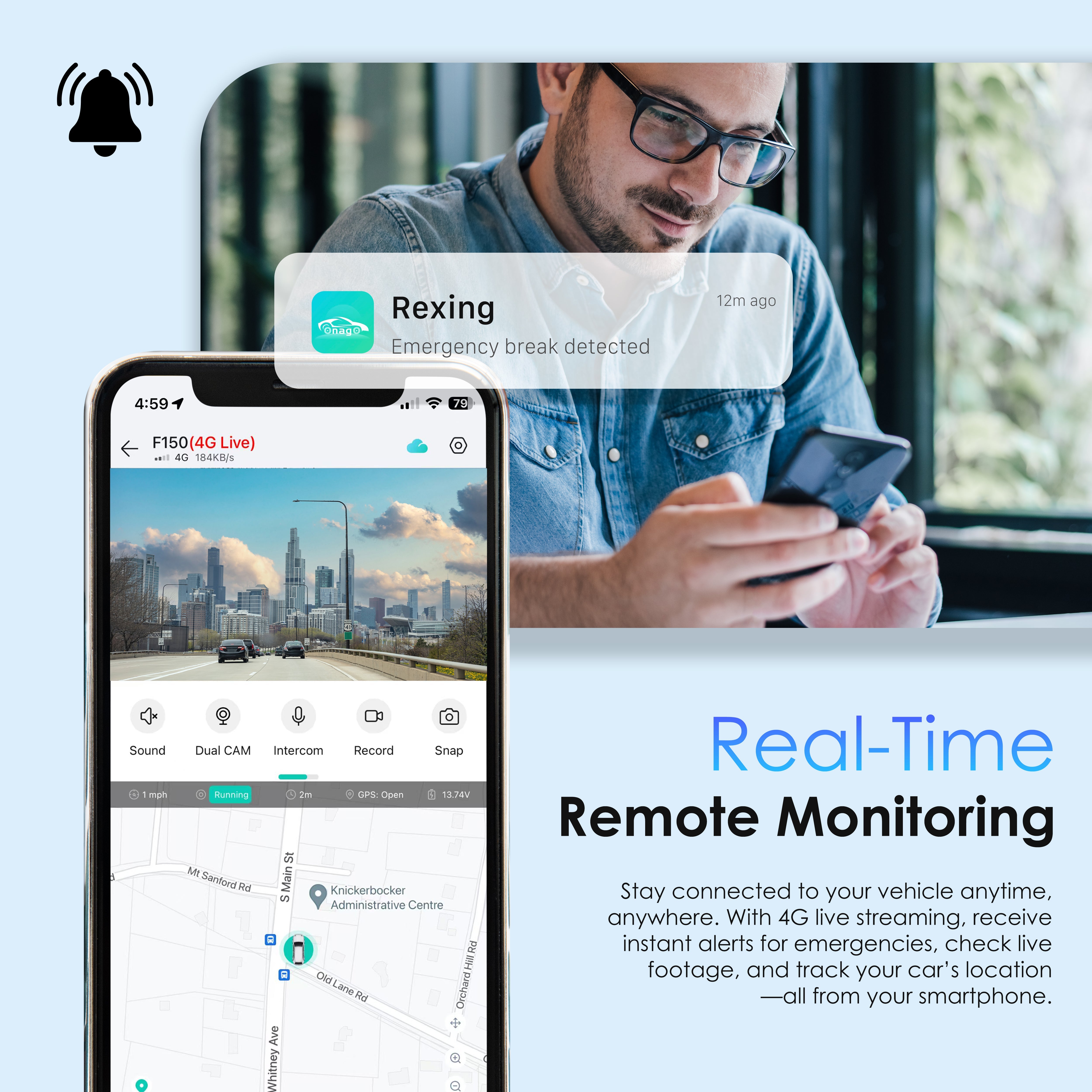 Rexing 4G LTE 2-Channel Dash Cam with GPS – 2.5K Front + 1080p Rear | Real-Time Remote Access & Alerts - Energize Trek