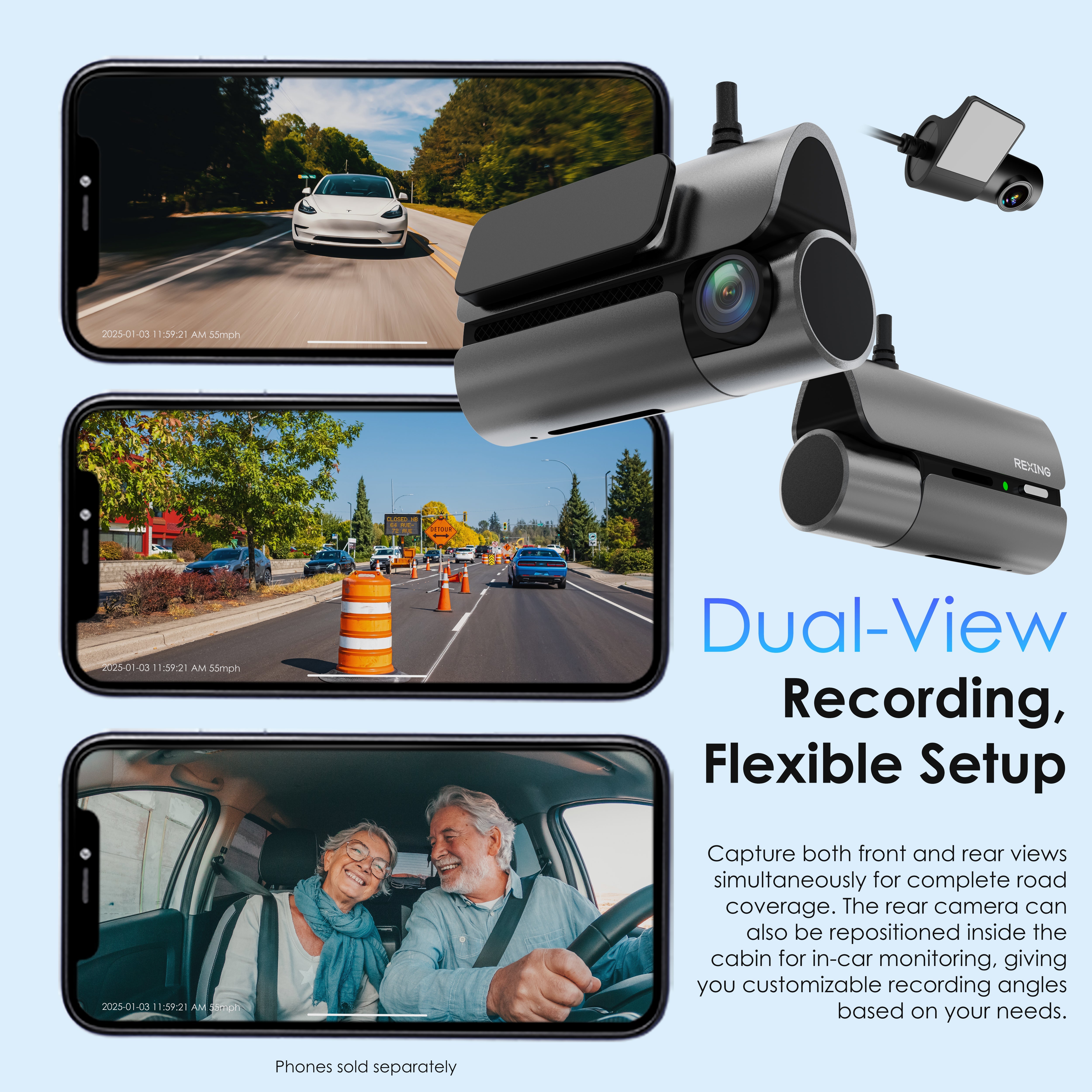 Rexing 4G LTE 2-Channel Dash Cam with GPS – 2.5K Front + 1080p Rear | Real-Time Remote Access & Alerts - Energize Trek