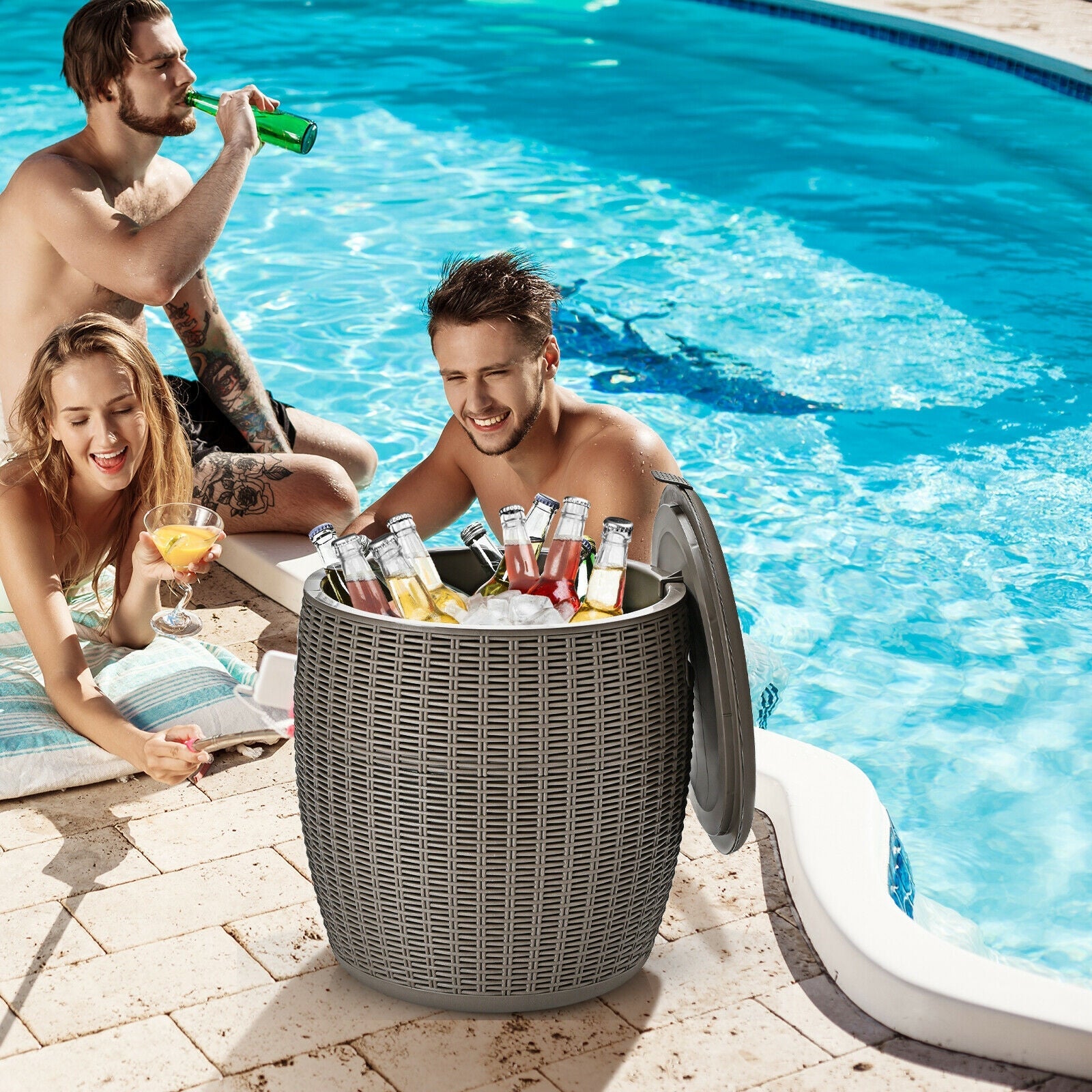 9.5 Gallon 4-in-1 Patio Rattan Cool Bar Cocktail Table Side Table