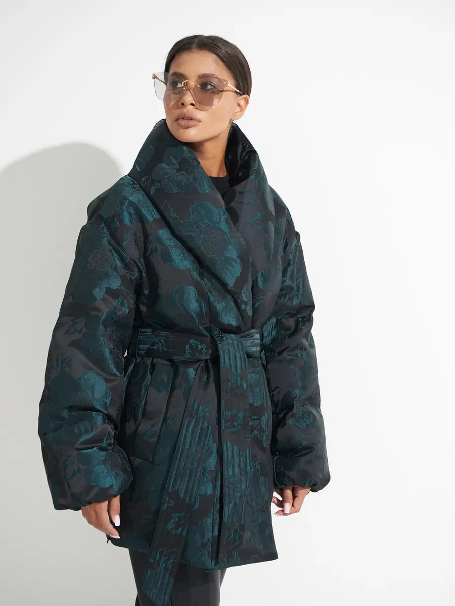 Monochrome Jacquard Down Coat in Vintage Emerald - Energize Trek