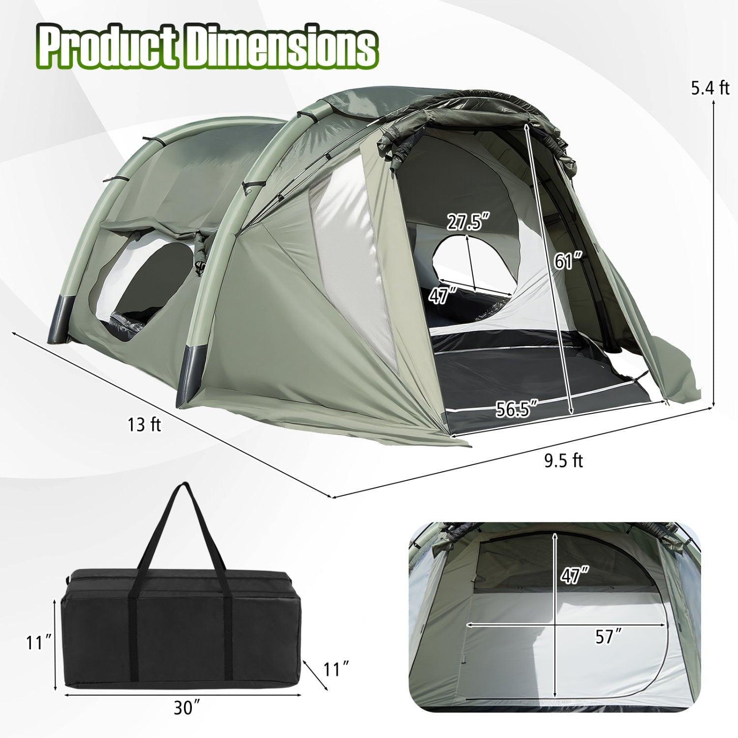 5-7 Person Inflatable Camping Tent with Screened Porch-Green - Energize Trek