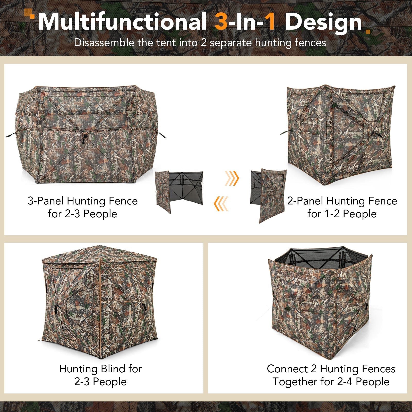 5-IN-1 Detachable Hunting Blind for 2-3 People with Skylight - Energize Trek