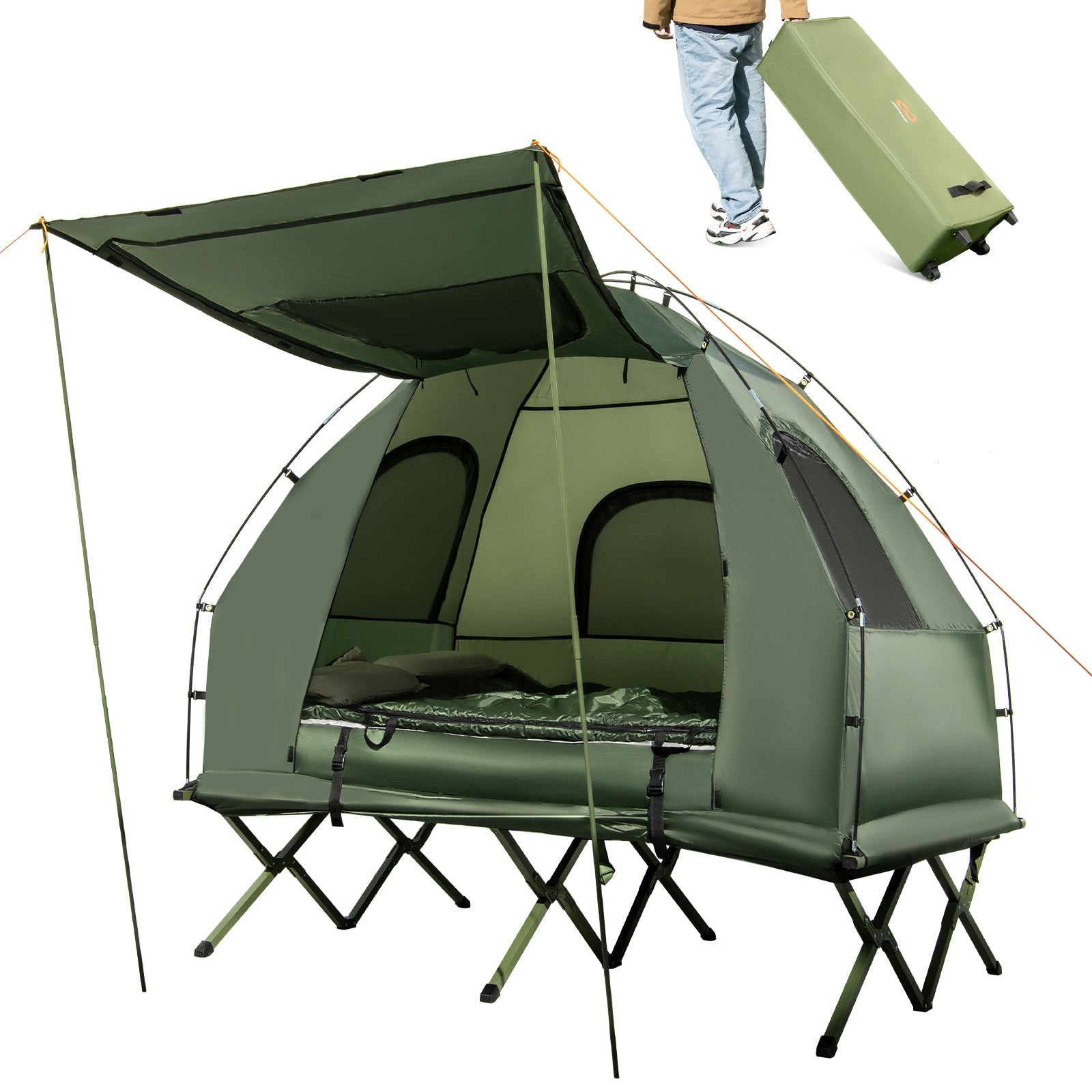 5-in-1 2-Person Foldable Outdoor Camping Tent Cot with Air Mattress and Sleeping Bag - Energize Trek