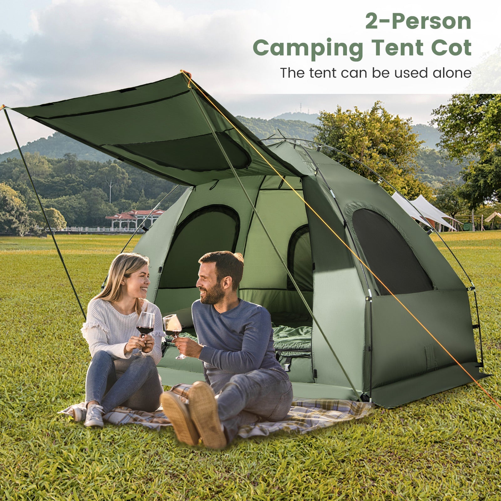 5-in-1 2-Person Foldable Outdoor Camping Tent Cot with Air Mattress and Sleeping Bag - Energize Trek