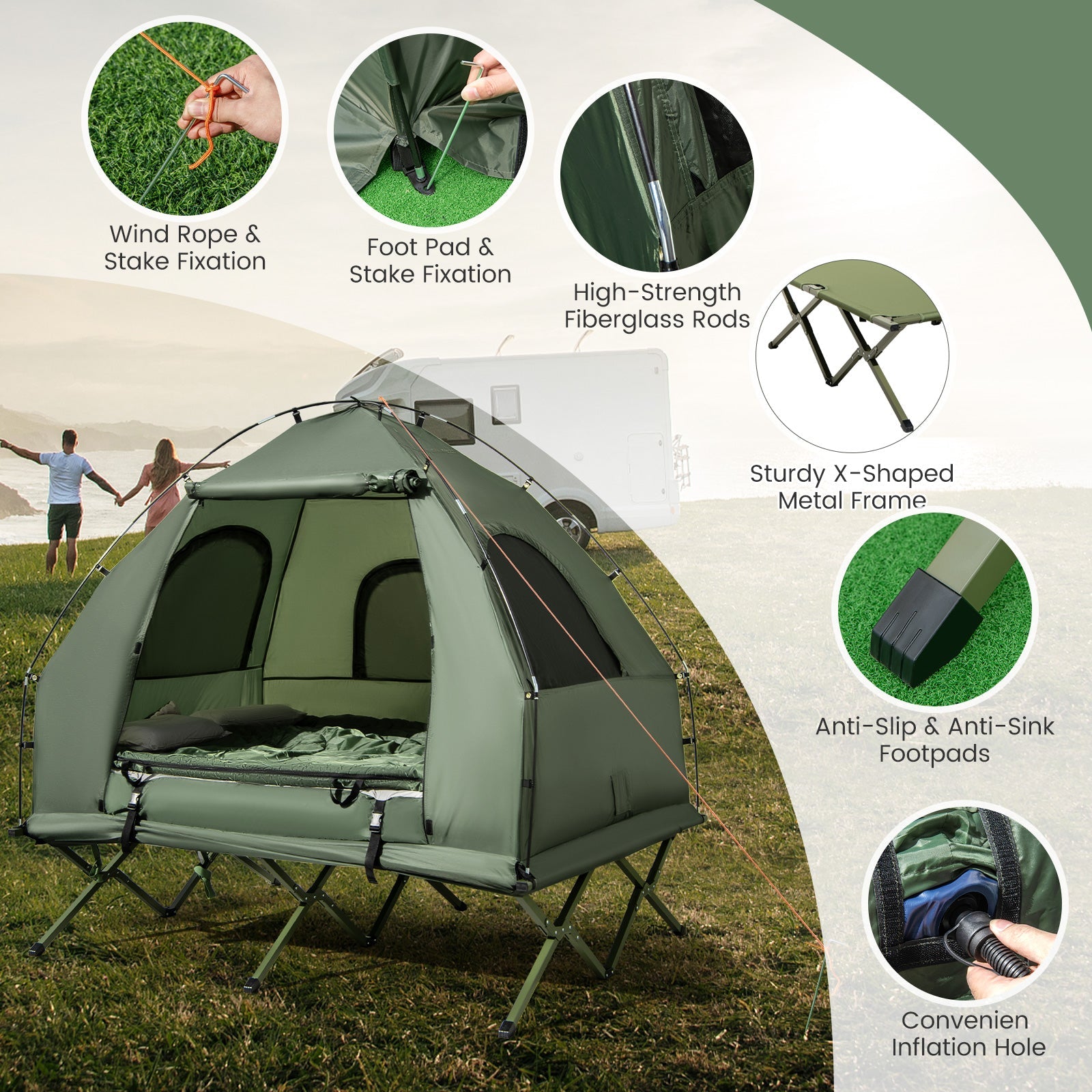 5-in-1 2-Person Foldable Outdoor Camping Tent Cot with Air Mattress and Sleeping Bag - Energize Trek