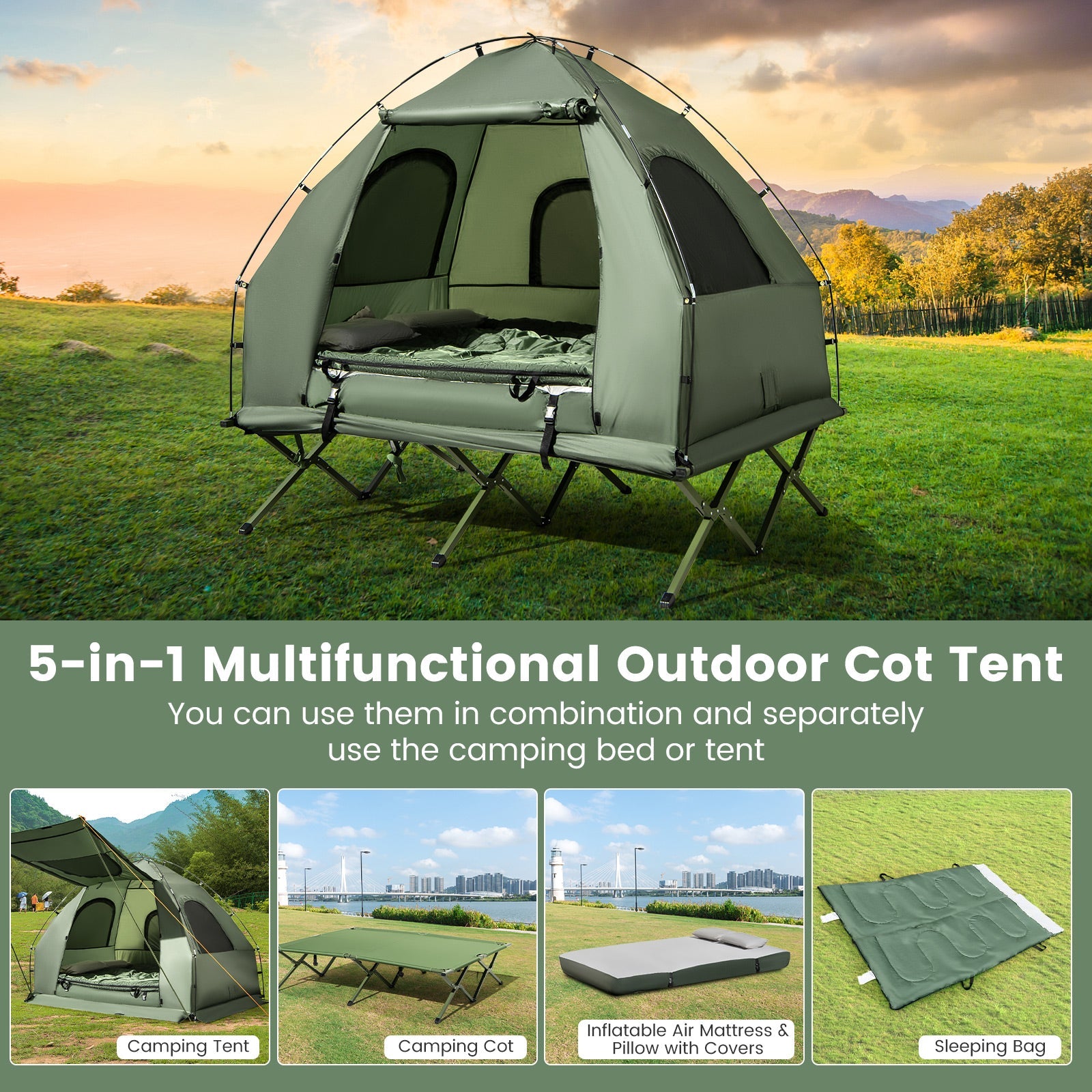 5-in-1 2-Person Foldable Outdoor Camping Tent Cot with Air Mattress and Sleeping Bag - Energize Trek