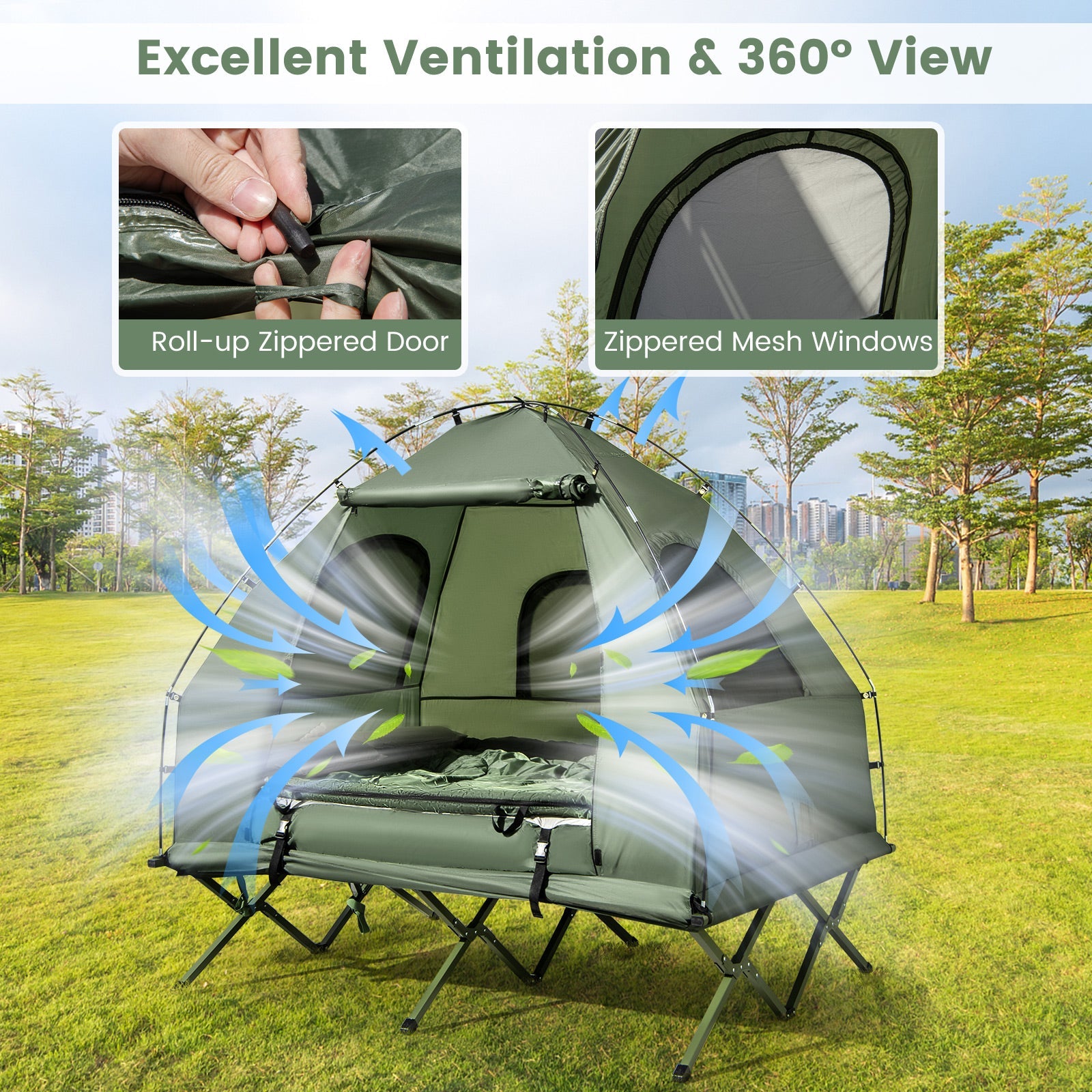 5-in-1 2-Person Foldable Outdoor Camping Tent Cot with Air Mattress and Sleeping Bag - Energize Trek