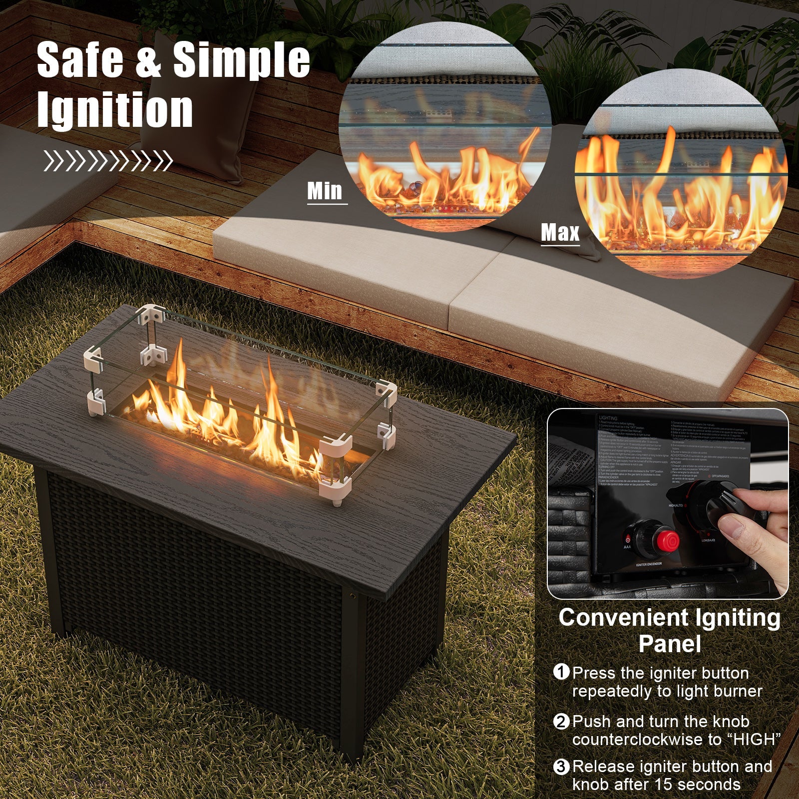 50000 BTU 2 Inch ropane Gas Fire Pit Table with Wind Guard and Glass Rocks-Black - Energize Trek