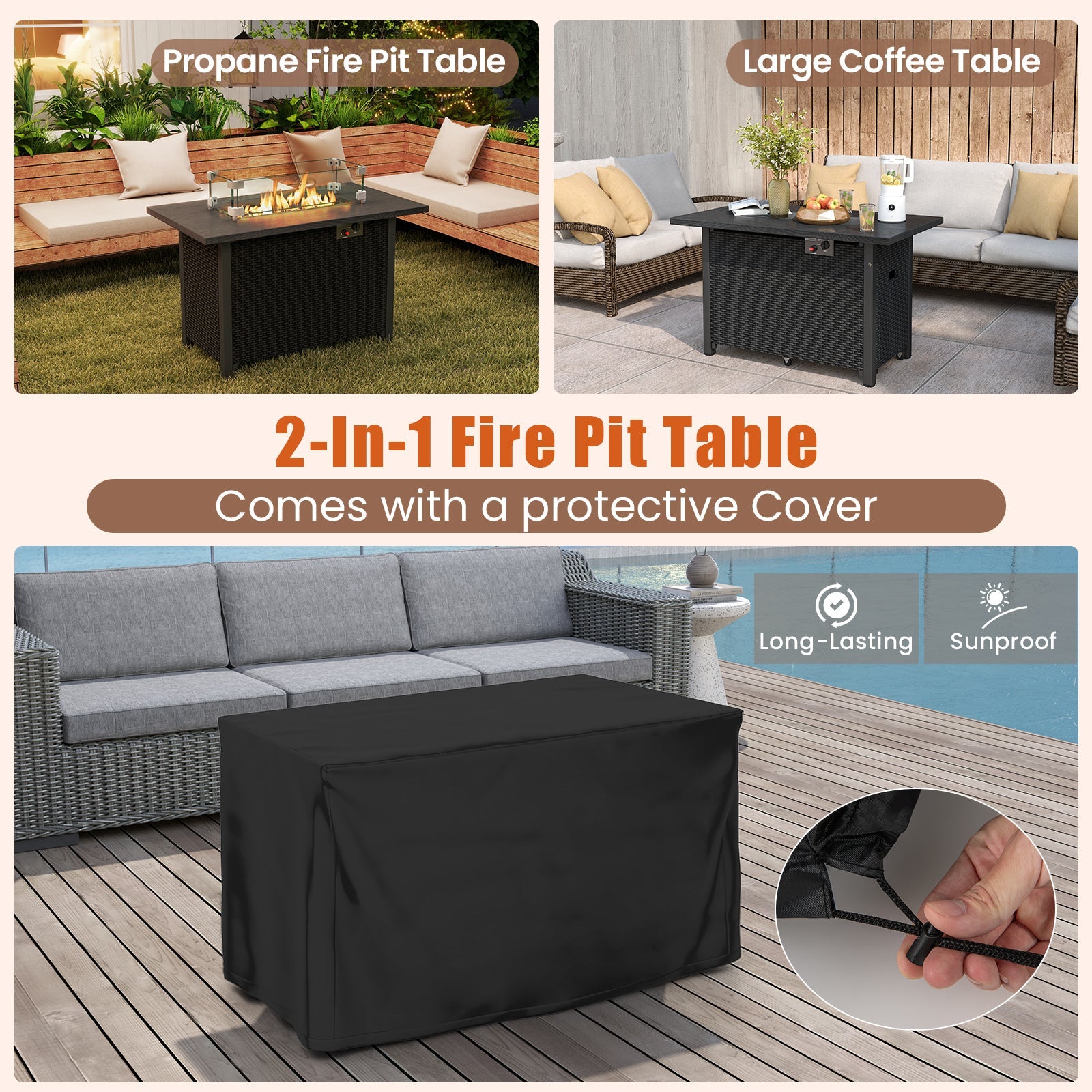 50000 BTU 2 Inch ropane Gas Fire Pit Table with Wind Guard and Glass Rocks-Black - Energize Trek