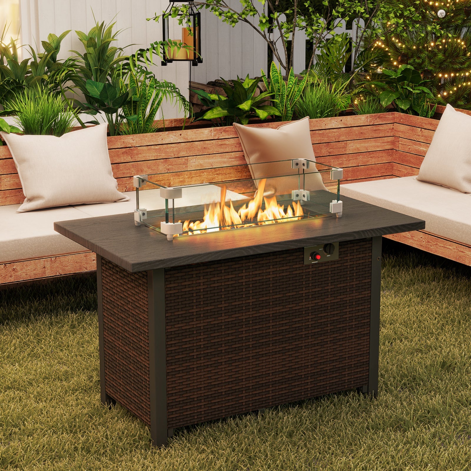 50000 BTU 2 Inch ropane Gas Fire Pit Table with Wind Guard and Glass Rocks-Brown - Energize Trek