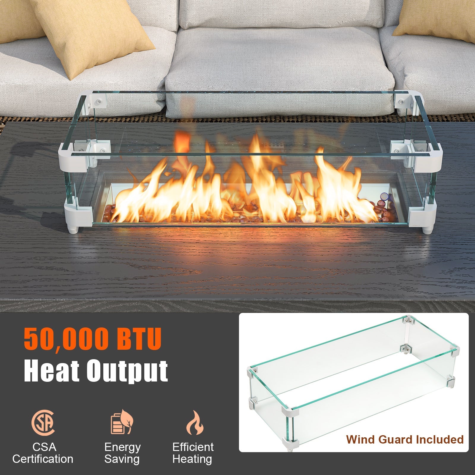 50000 BTU 2 Inch ropane Gas Fire Pit Table with Wind Guard and Glass Rocks-Brown - Energize Trek