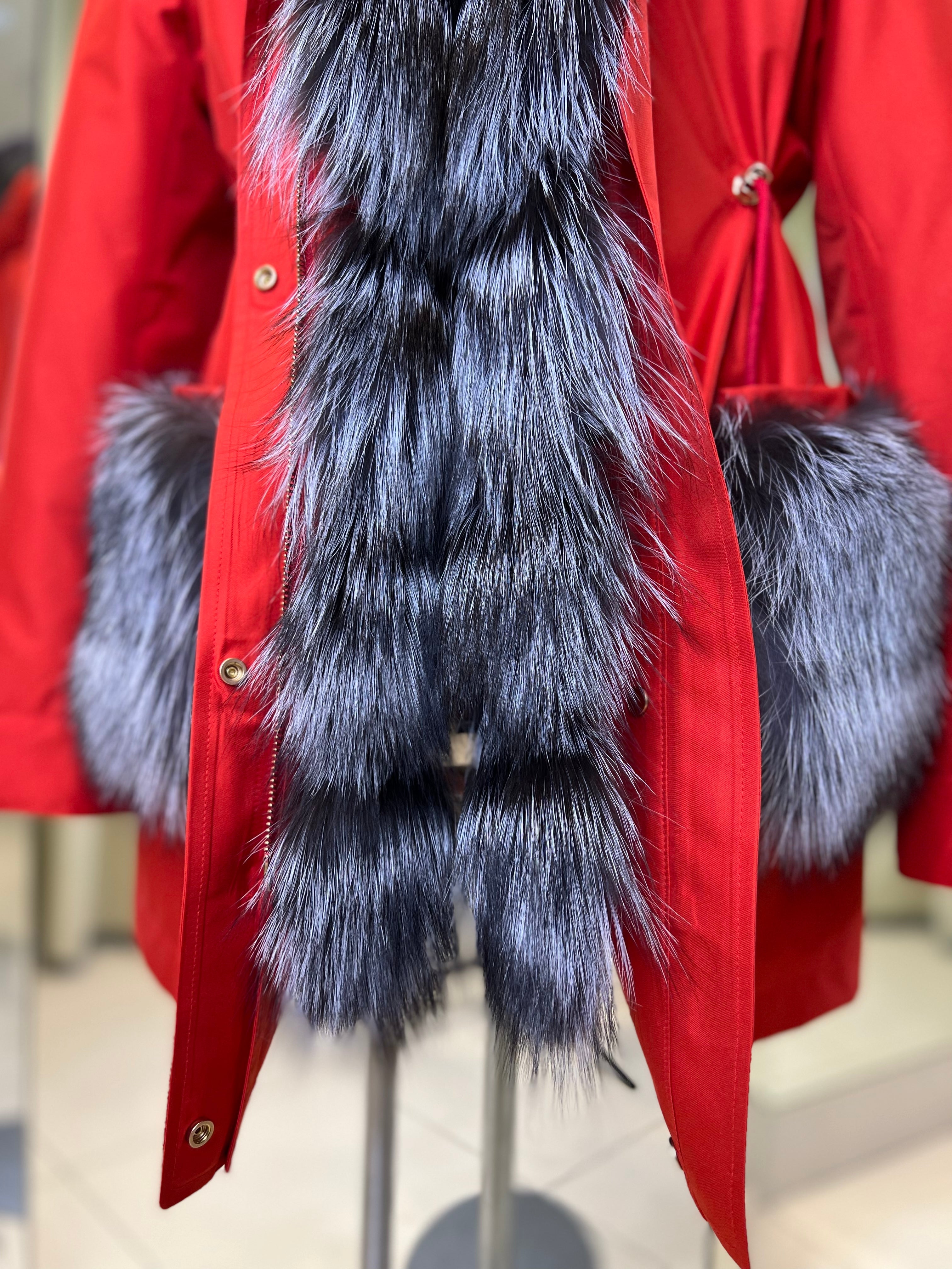 Roma Genuine Silver Fox Fur Rabbit Fur Insulated Parka in Red - Energize Trek