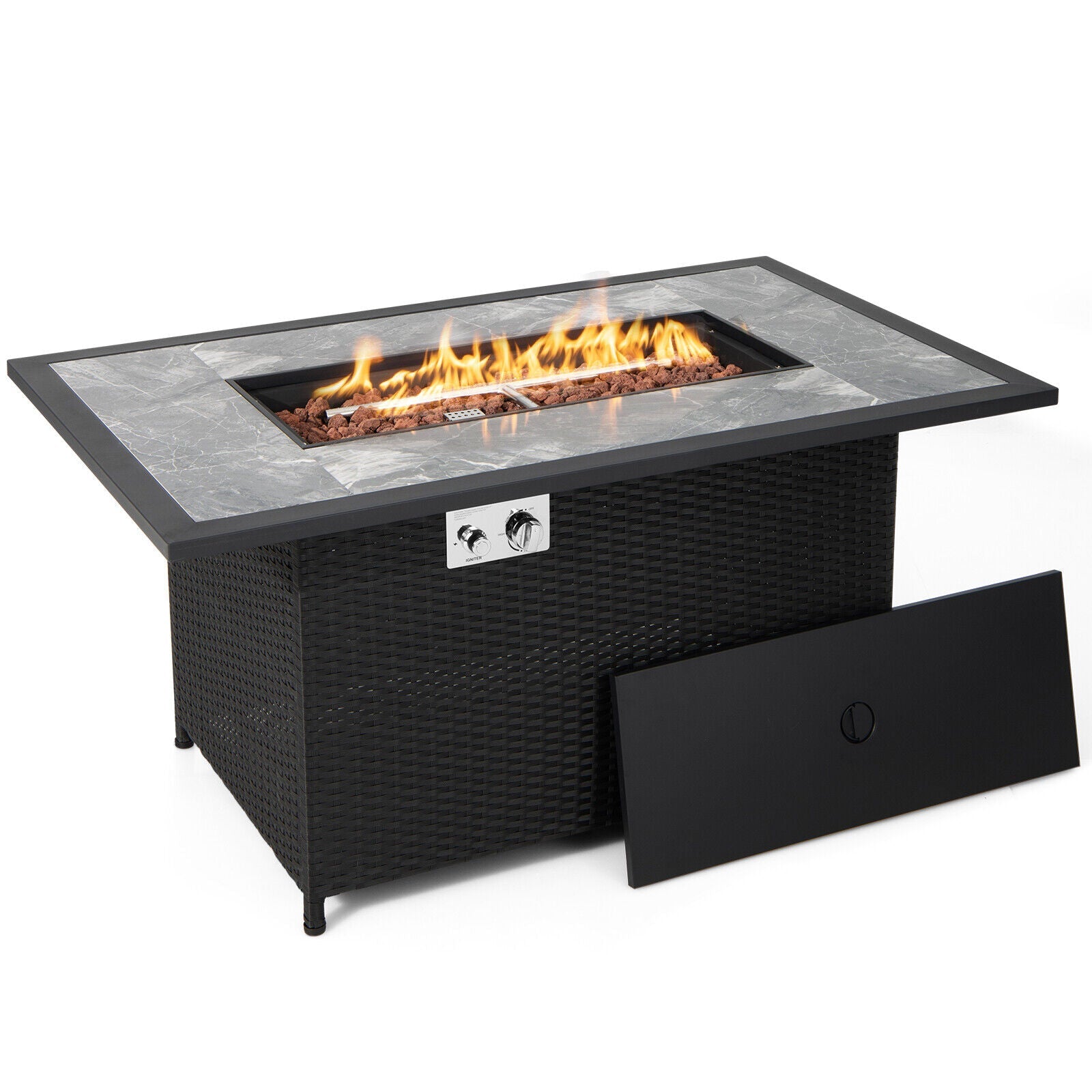 52 Inch Rattan Wicker Propane Fire Pit Table with Rain Cover and Lava Rock-Black - Energize Trek