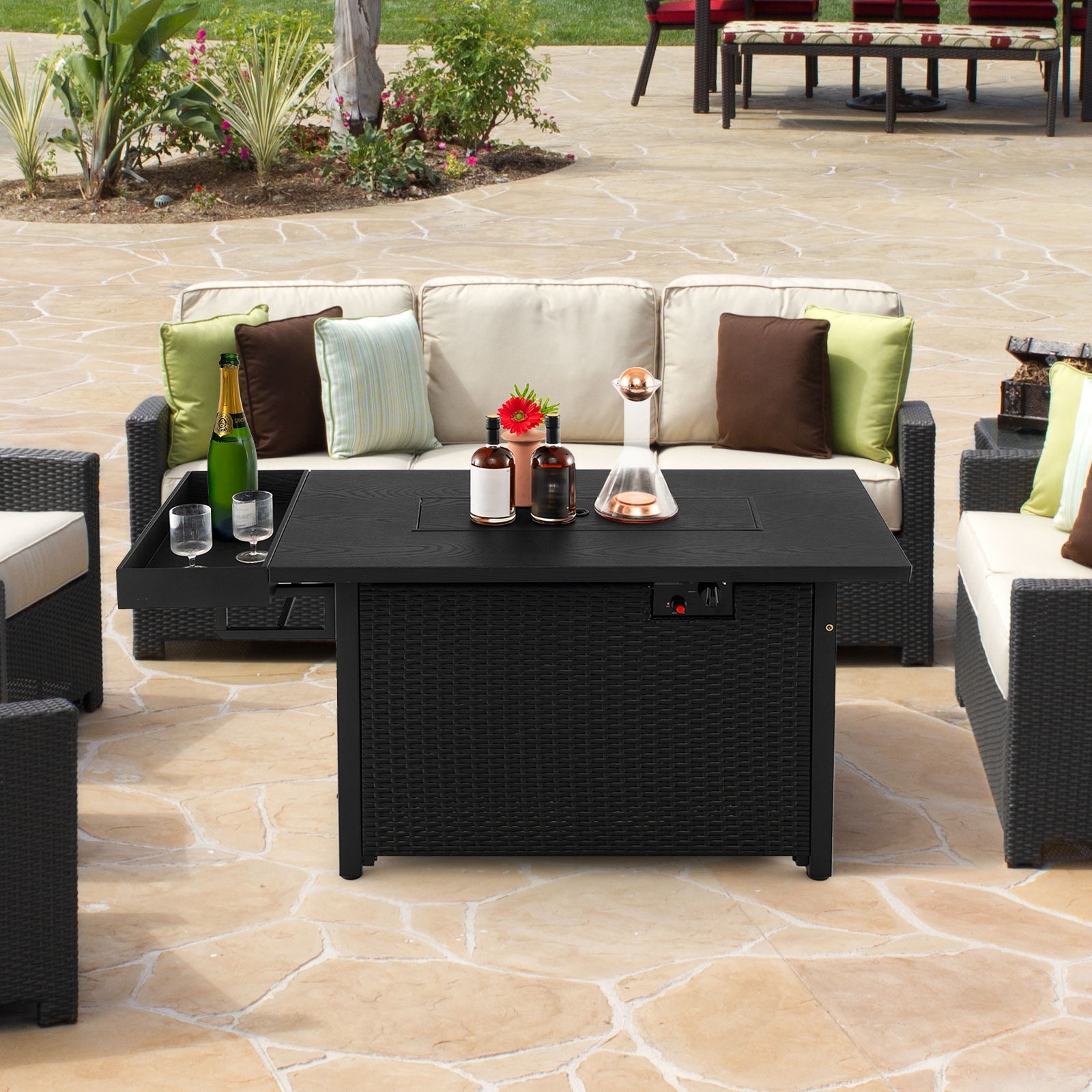 52 Inches Outdoor Wicker Gas Fire Pit Propane Fire Table with Cover-Black - Energize Trek
