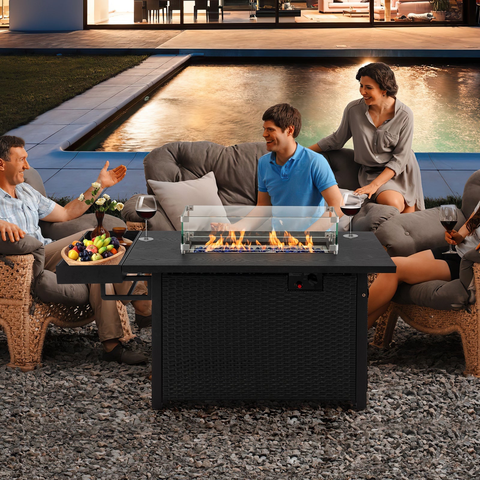 52 Inches Outdoor Wicker Gas Fire Pit Propane Fire Table with Cover-Black - Energize Trek