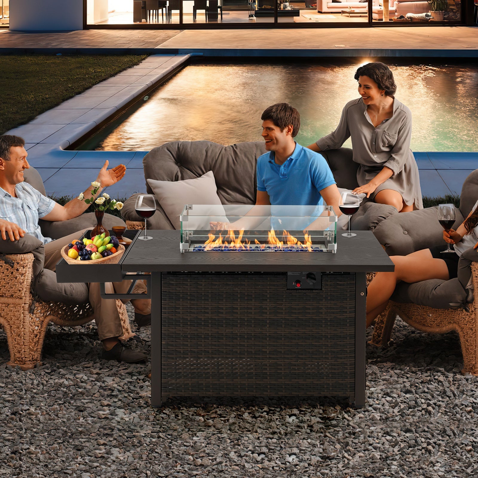 52 Inches Outdoor Wicker Gas Fire Pit Propane Fire Table with Cover-Brown - Energize Trek