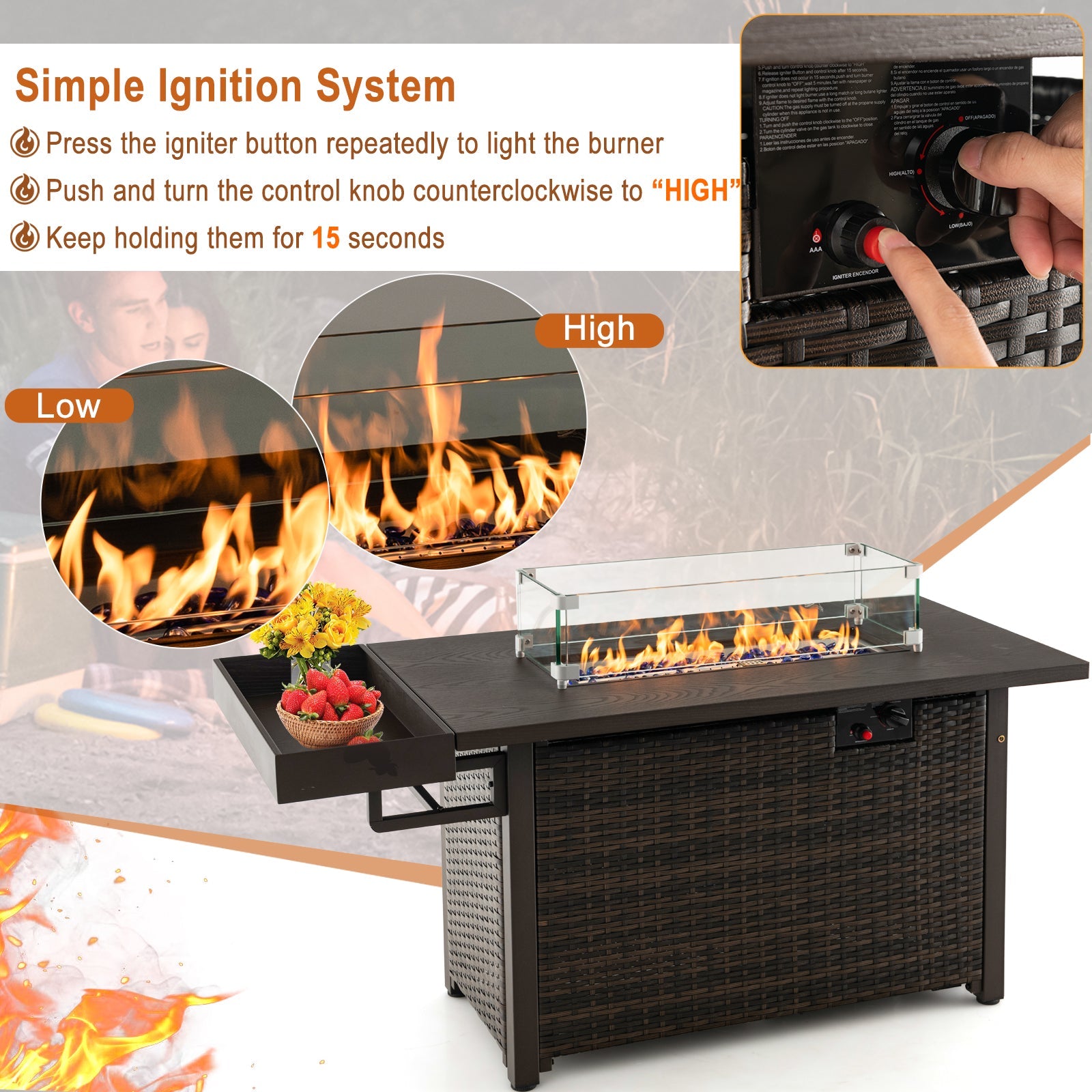 52 Inches Outdoor Wicker Gas Fire Pit Propane Fire Table with Cover-Brown - Energize Trek