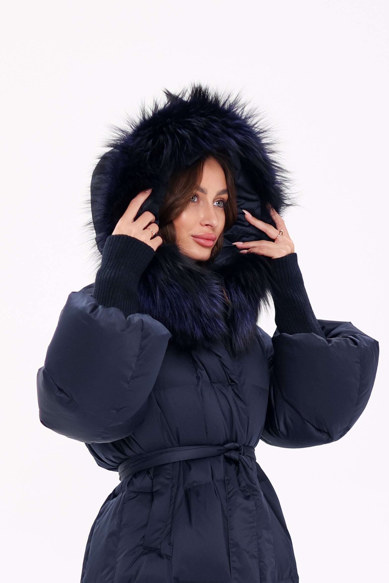 Genuine Fox Fur Trim Down Coat in Royal Blue - Energize Trek