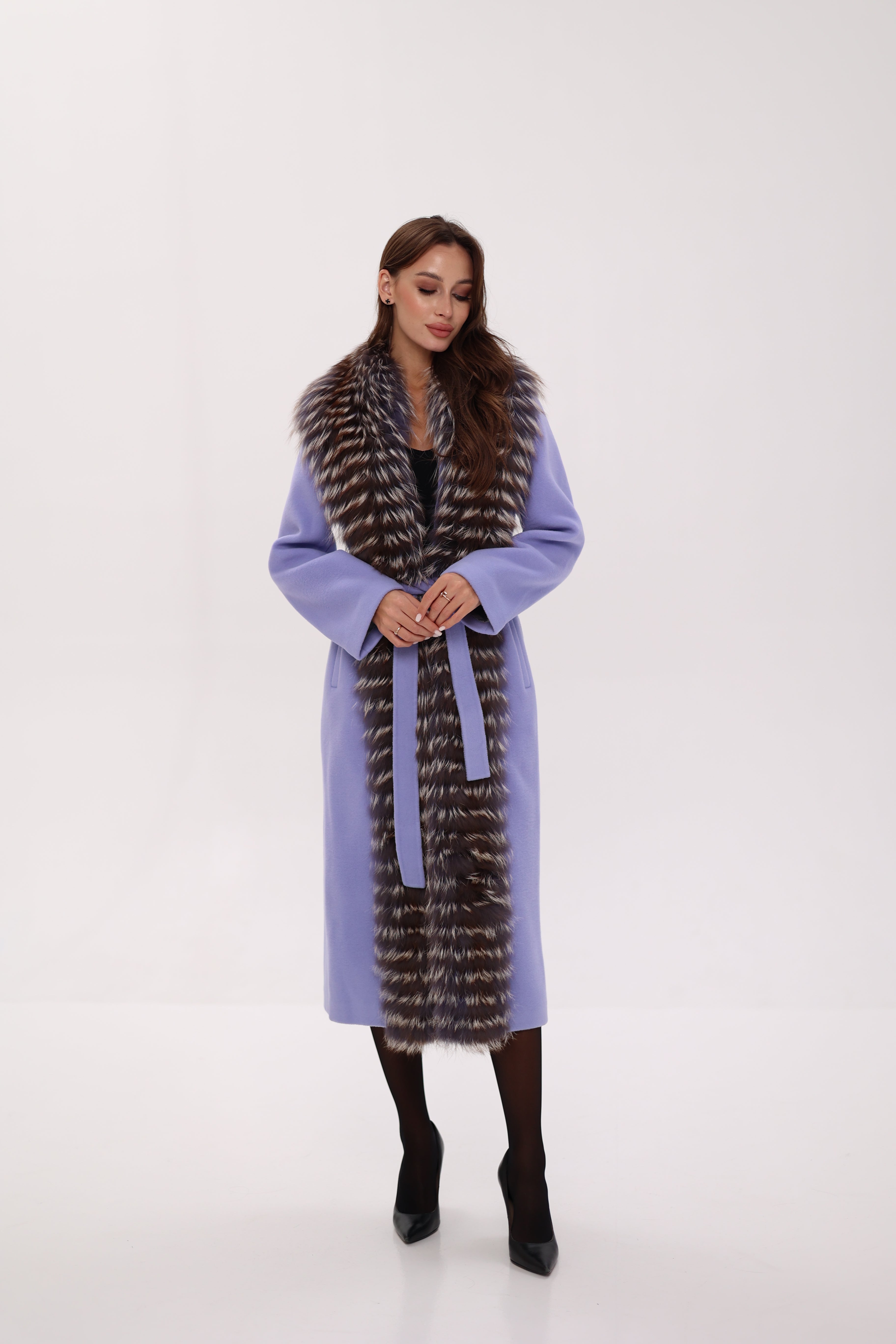 Genuine Silver Fox Virgin Wool Wrap Coat in Lavender - Energize Trek