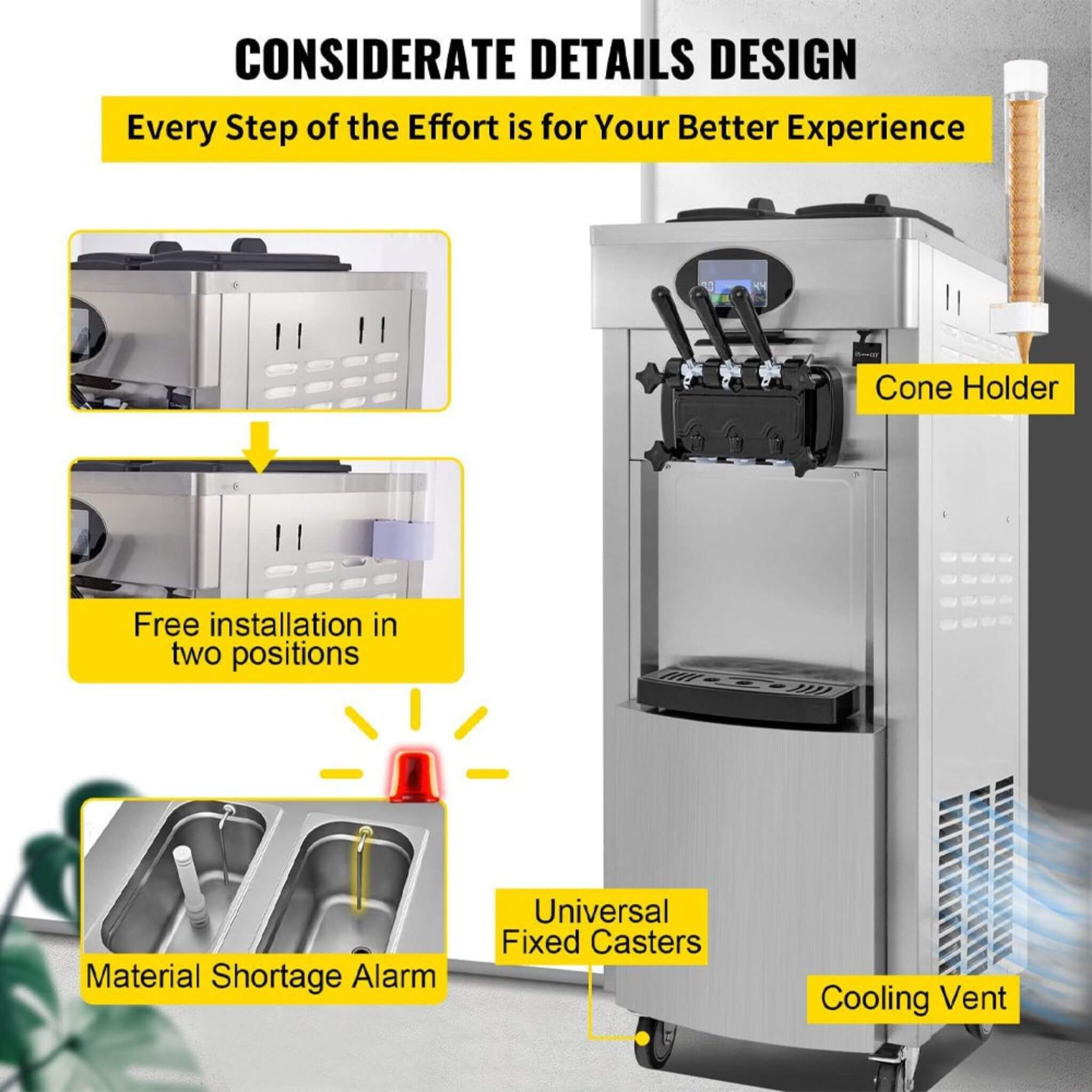 53" Freestanding 3-Flavors Commercial Soft Serve Yogurt Ice Cream Machine Maker With Auto Clean (SAK74031) - Energize Trek
