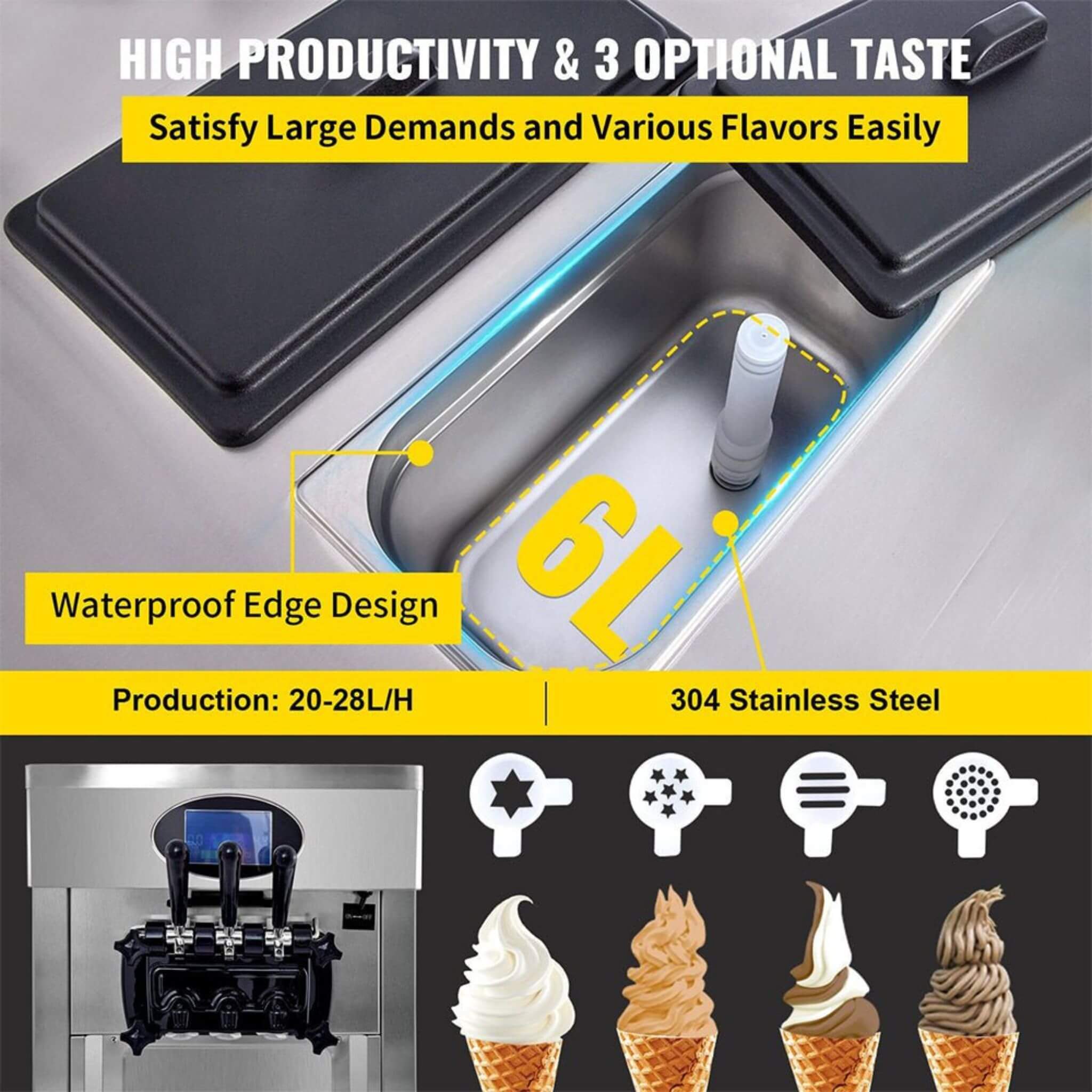 53" Freestanding 3-Flavors Commercial Soft Serve Yogurt Ice Cream Machine Maker With Auto Clean (SAK74031) - Energize Trek