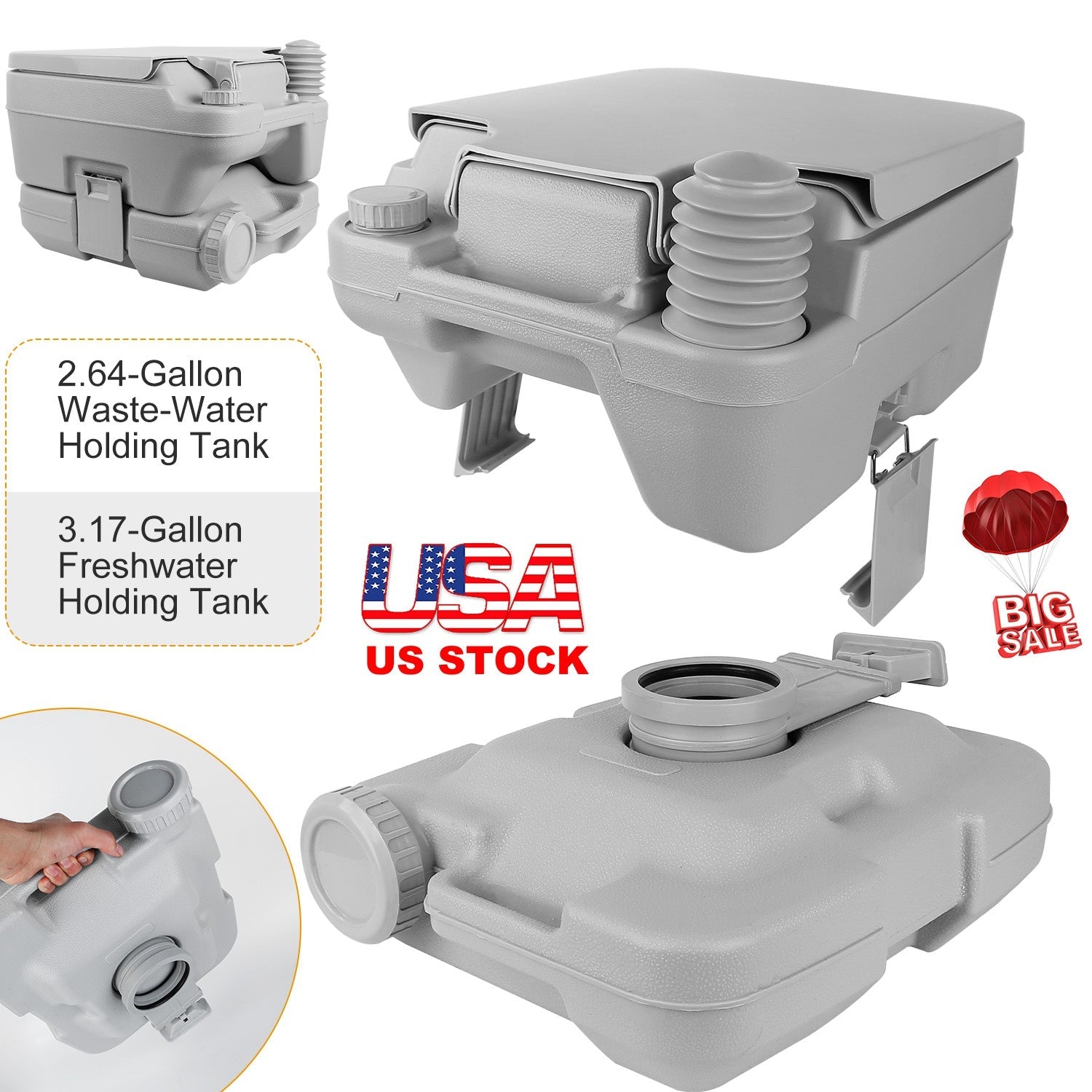 10L/2.64Gal Portable Toilet Camping Porta Potty Leak-proof Flush Travel Commode For Camping Traveling Boating Outdoor Activities