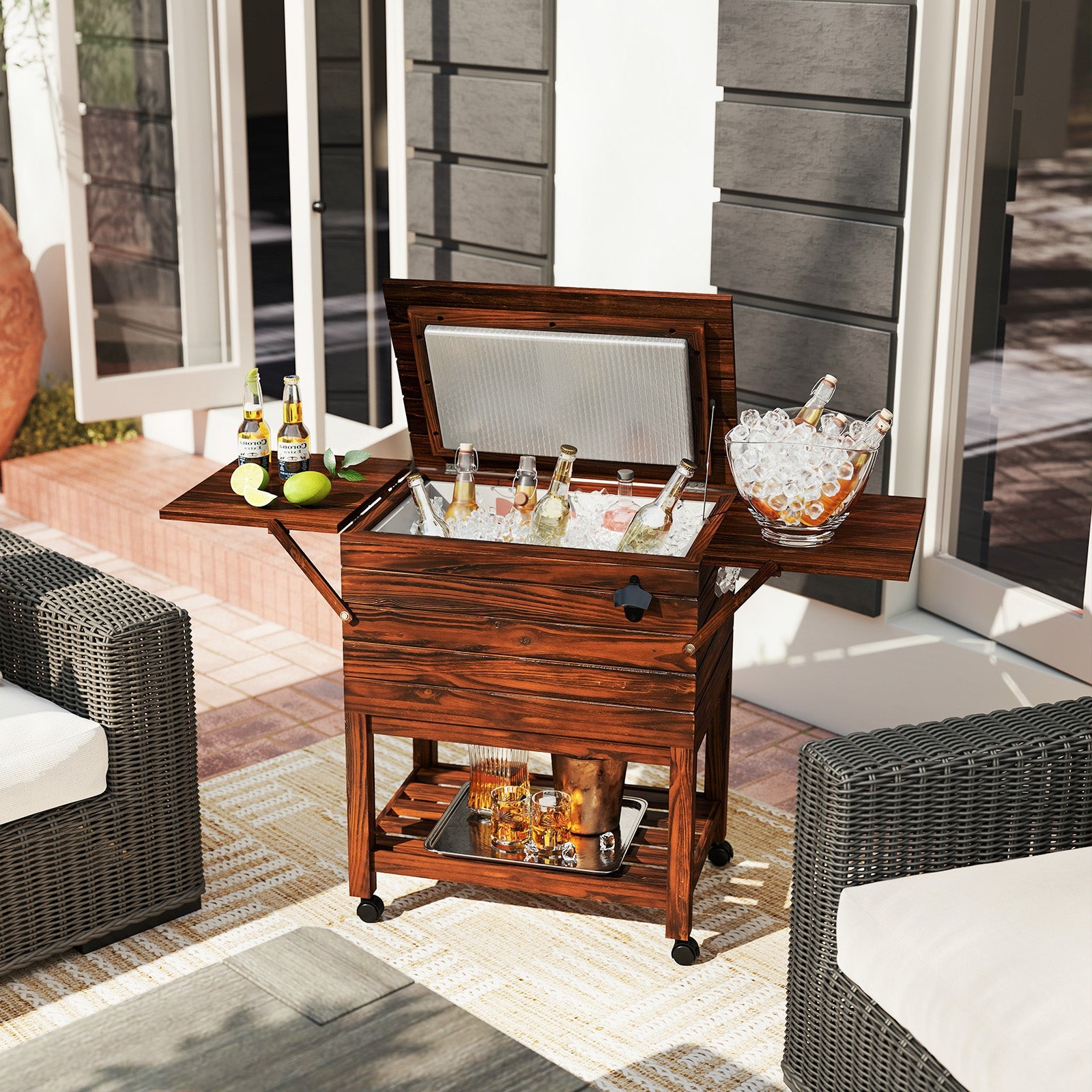 54 Quart Wooden Cooler Cart for Patio Rolling Ice Chest with Shelves-Brown - Energize Trek