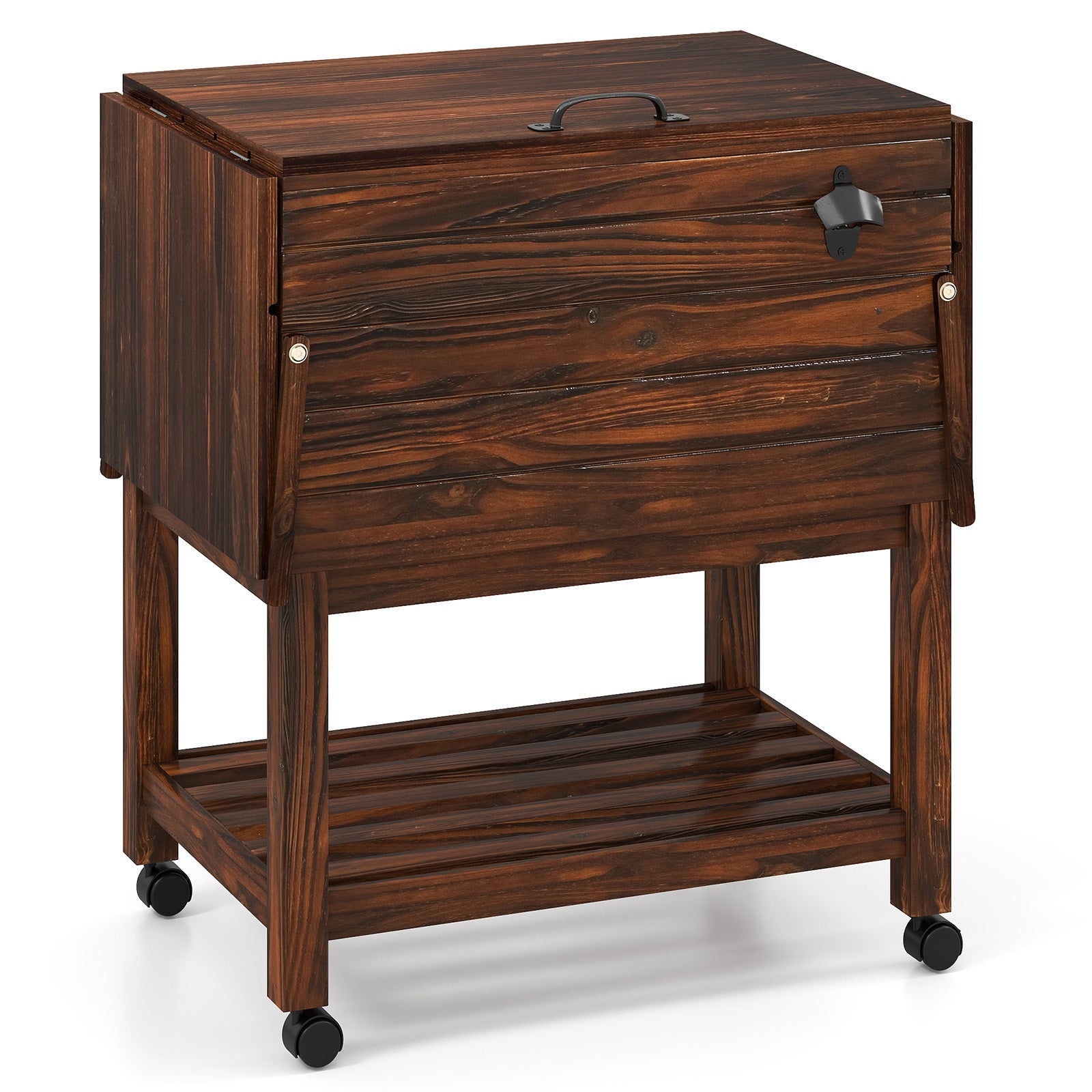 54 Quart Wooden Cooler Cart for Patio Rolling Ice Chest with Shelves-Brown - Energize Trek
