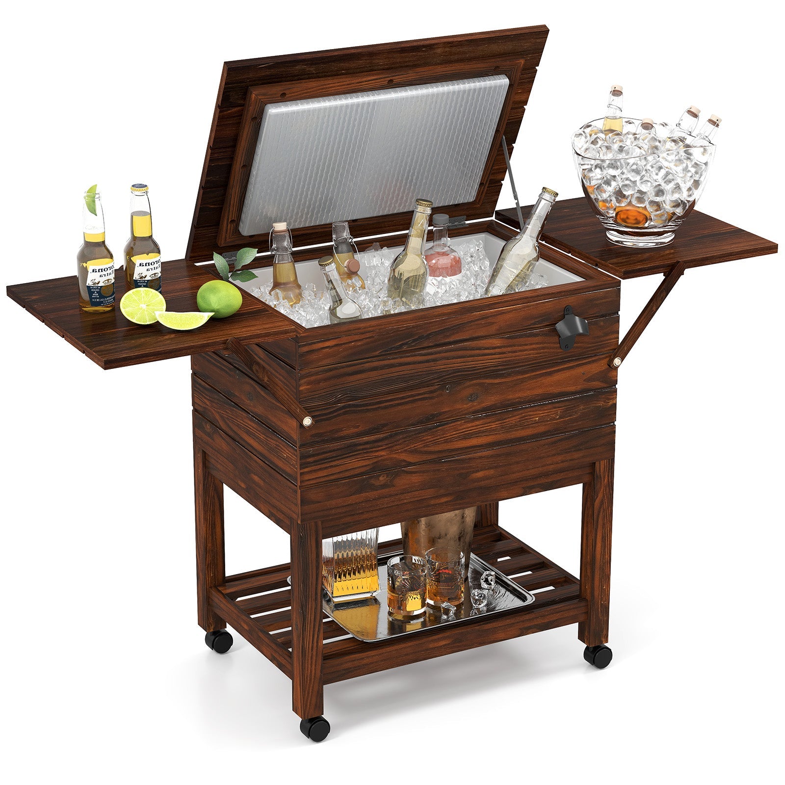 54 Quart Wooden Cooler Cart for Patio Rolling Ice Chest with Shelves-Brown - Energize Trek