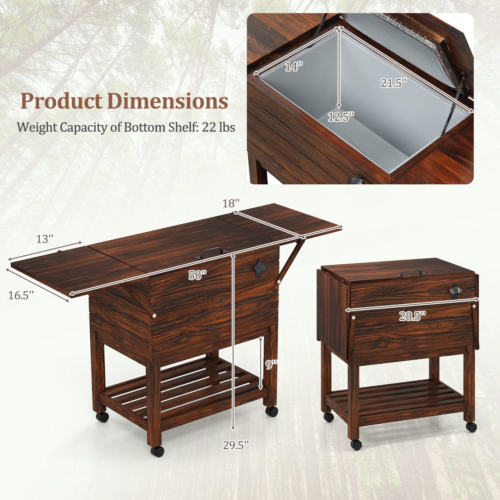 54 Quart Wooden Cooler Cart for Patio Rolling Ice Chest with Shelves-Brown - Energize Trek