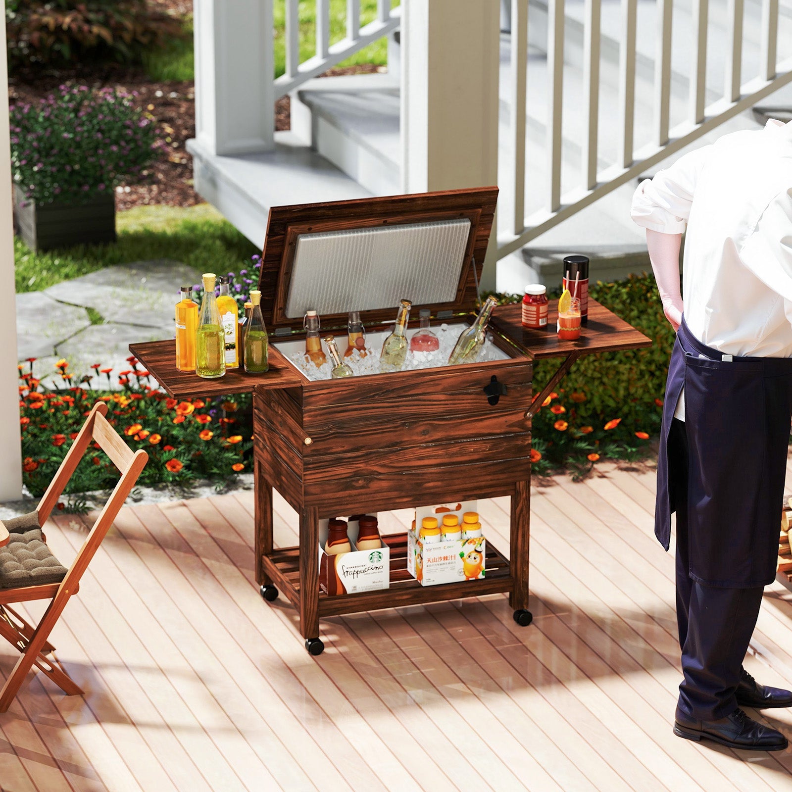 54 Quart Wooden Cooler Cart for Patio Rolling Ice Chest with Shelves-Brown - Energize Trek