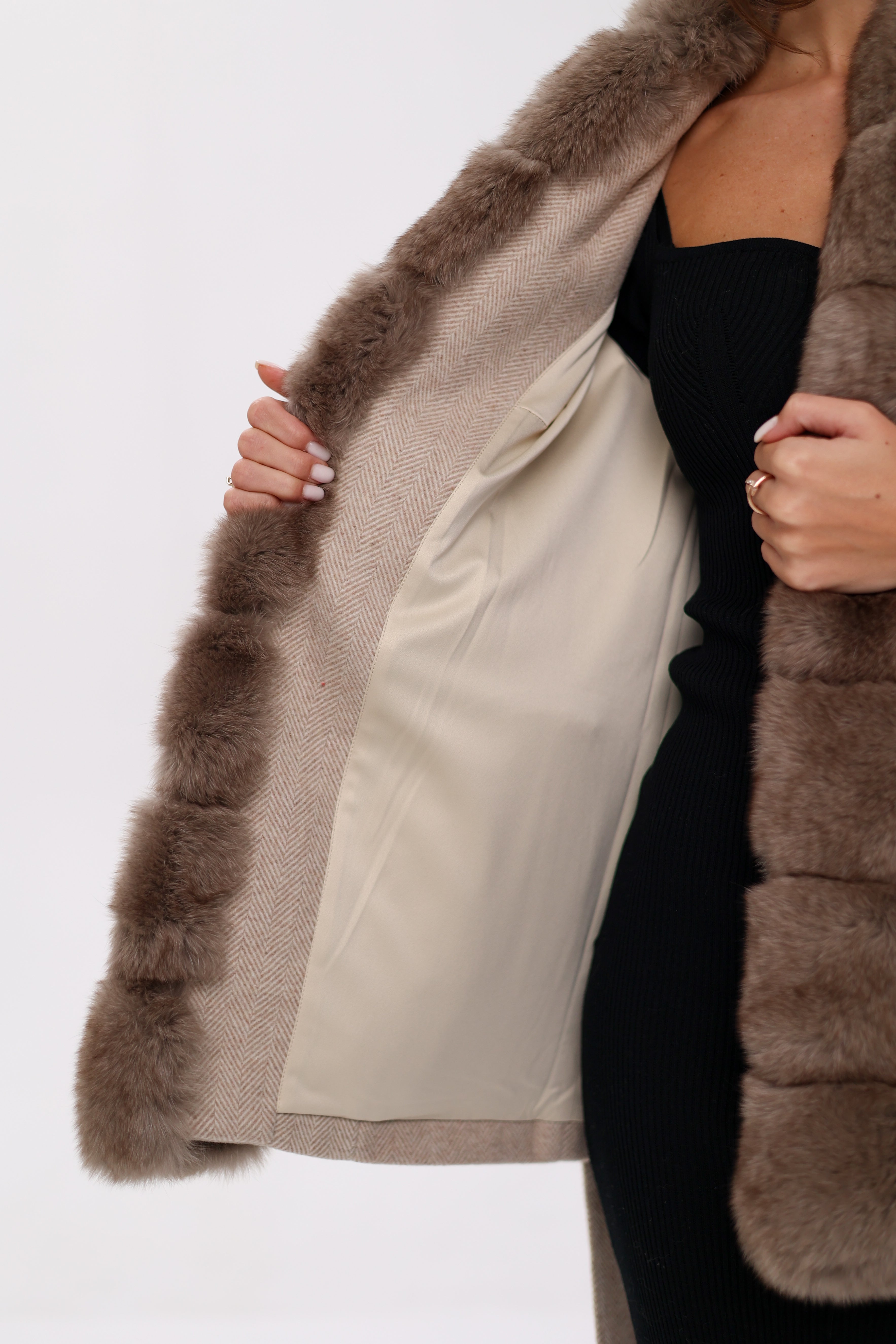 Genuine Polar Fox Fur Virgin Wool Coat in Nude - Energize Trek