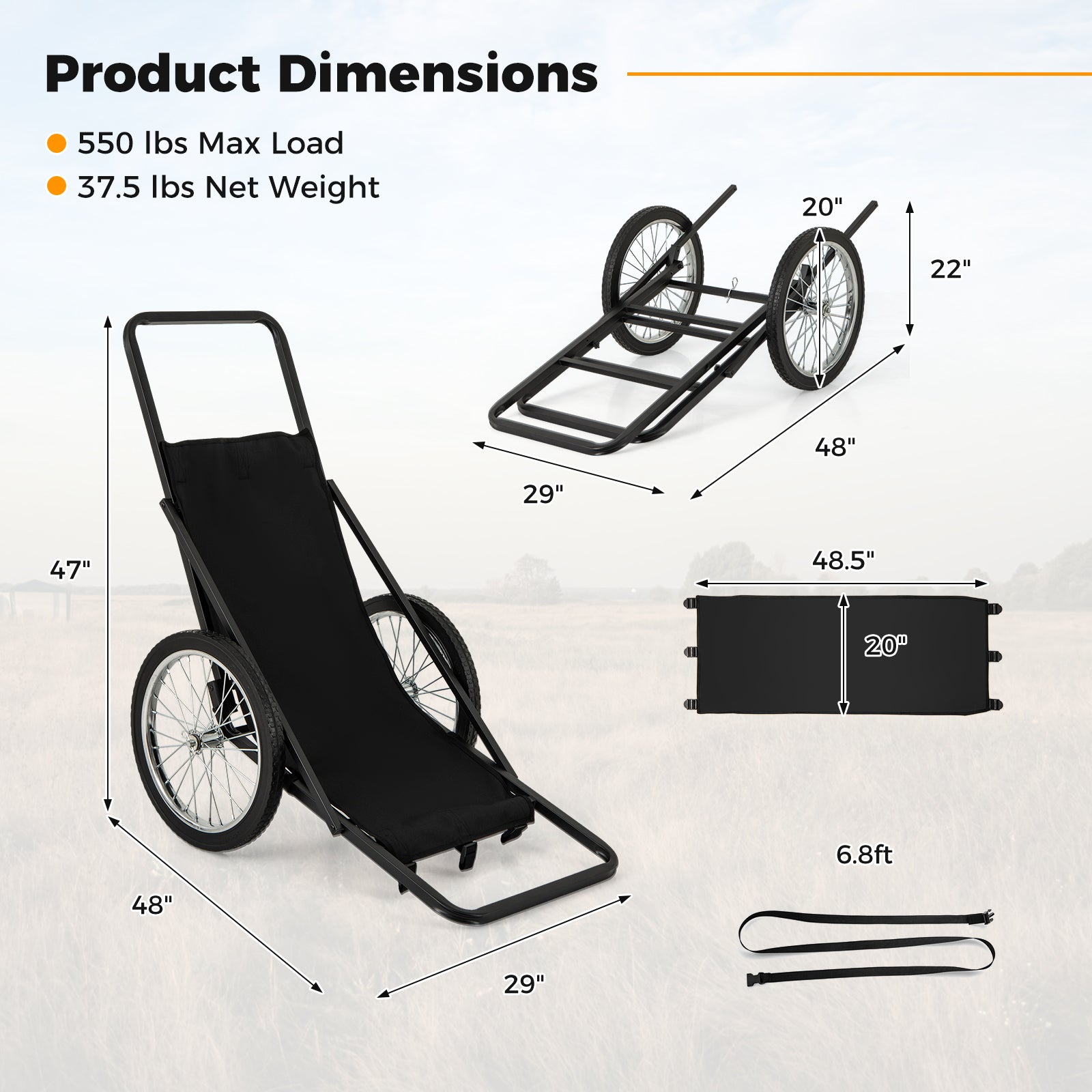 550 LBS Folding Deer Game Cart with Polyester Liner for Hunting - Energize Trek