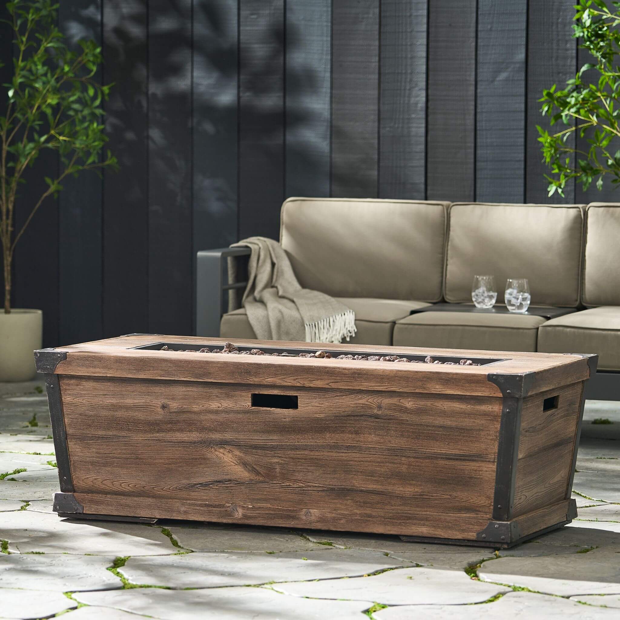 56" Outdoor 50K BTU Wood Pattern Rectangle Gas Burning Fire Pit (SAK43681) - Energize Trek