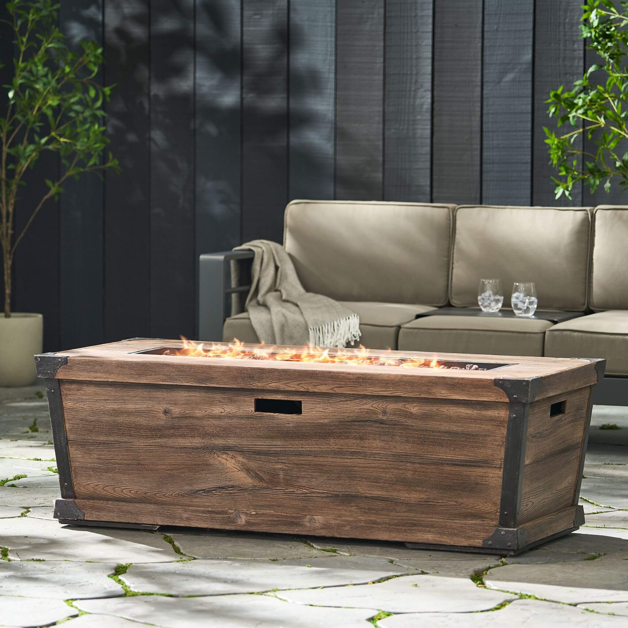 56" Outdoor 50K BTU Wood Pattern Rectangle Gas Burning Fire Pit (SAK43681) - Energize Trek