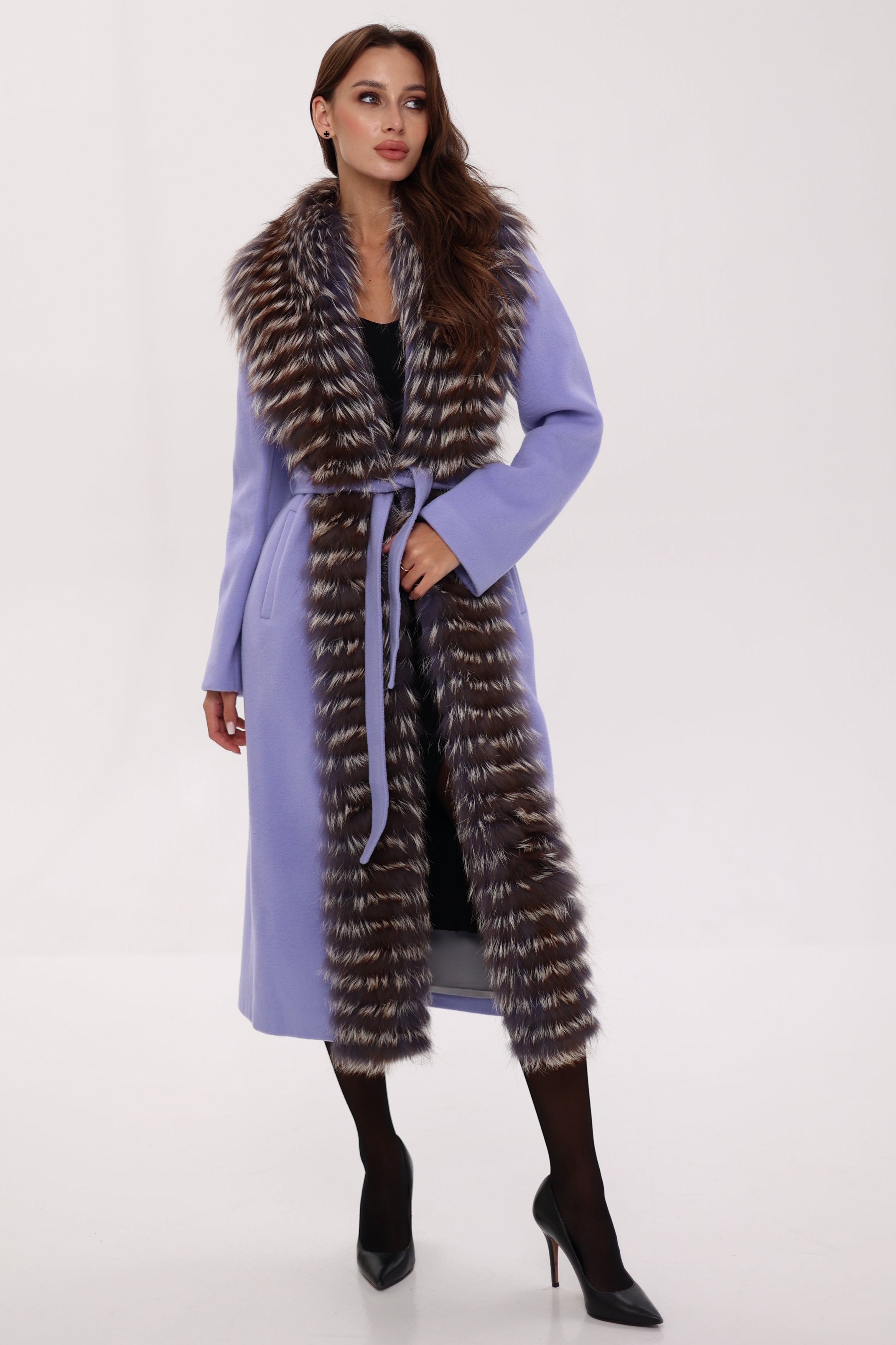 Genuine Silver Fox Virgin Wool Wrap Coat in Lavender - Energize Trek