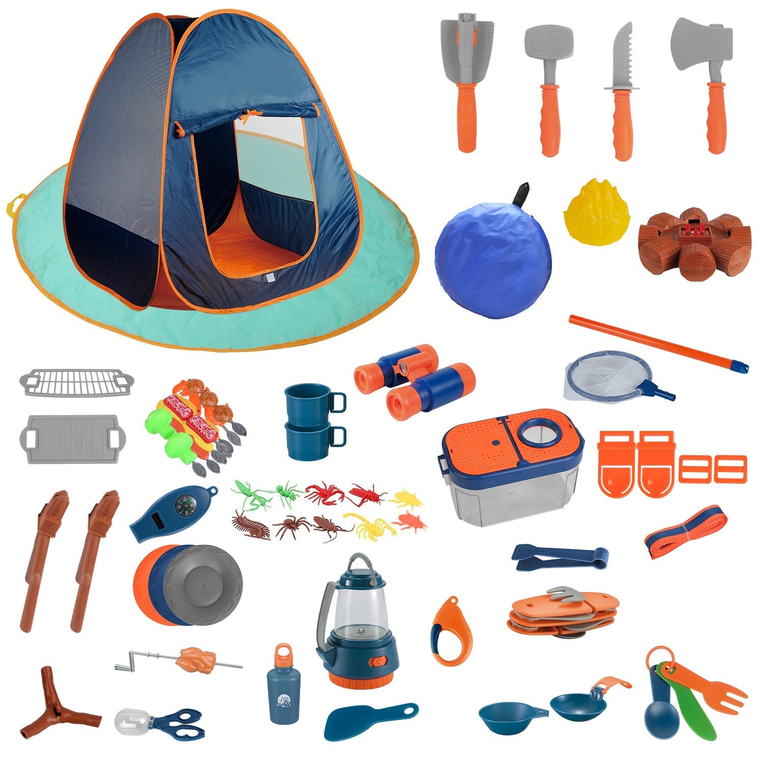 56Pcs Kids Camping Toy Set With Playtent Pretend Oil Lamp Telescope Bonfire Compass Role Play Camping Set For Over 3 Years Old Boy Girl Toddlers Campi - Energize Trek