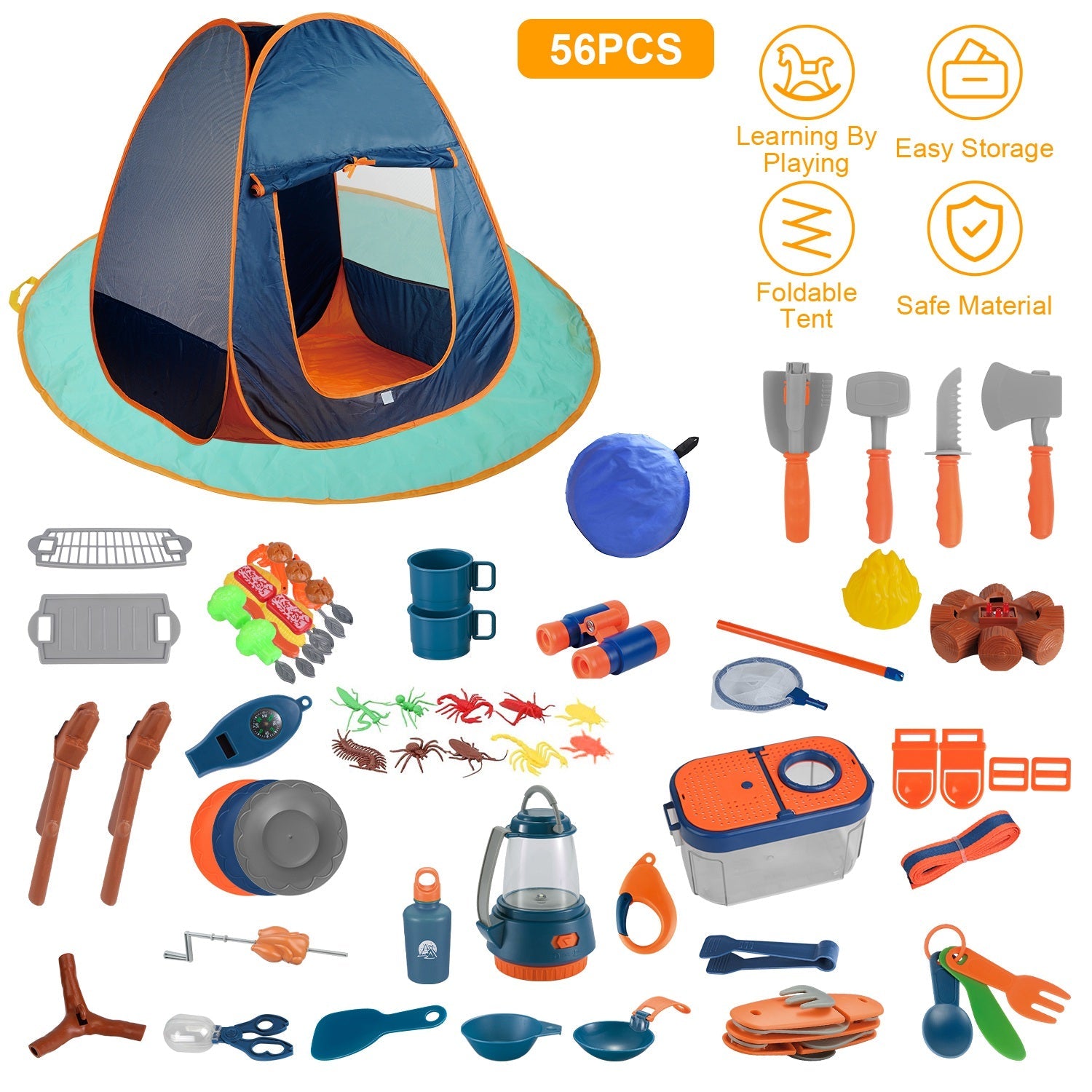 56Pcs Kids Camping Toy Set With Playtent Pretend Oil Lamp Telescope Bonfire Compass Role Play Camping Set For Over 3 Years Old Boy Girl Toddlers Campi - Energize Trek