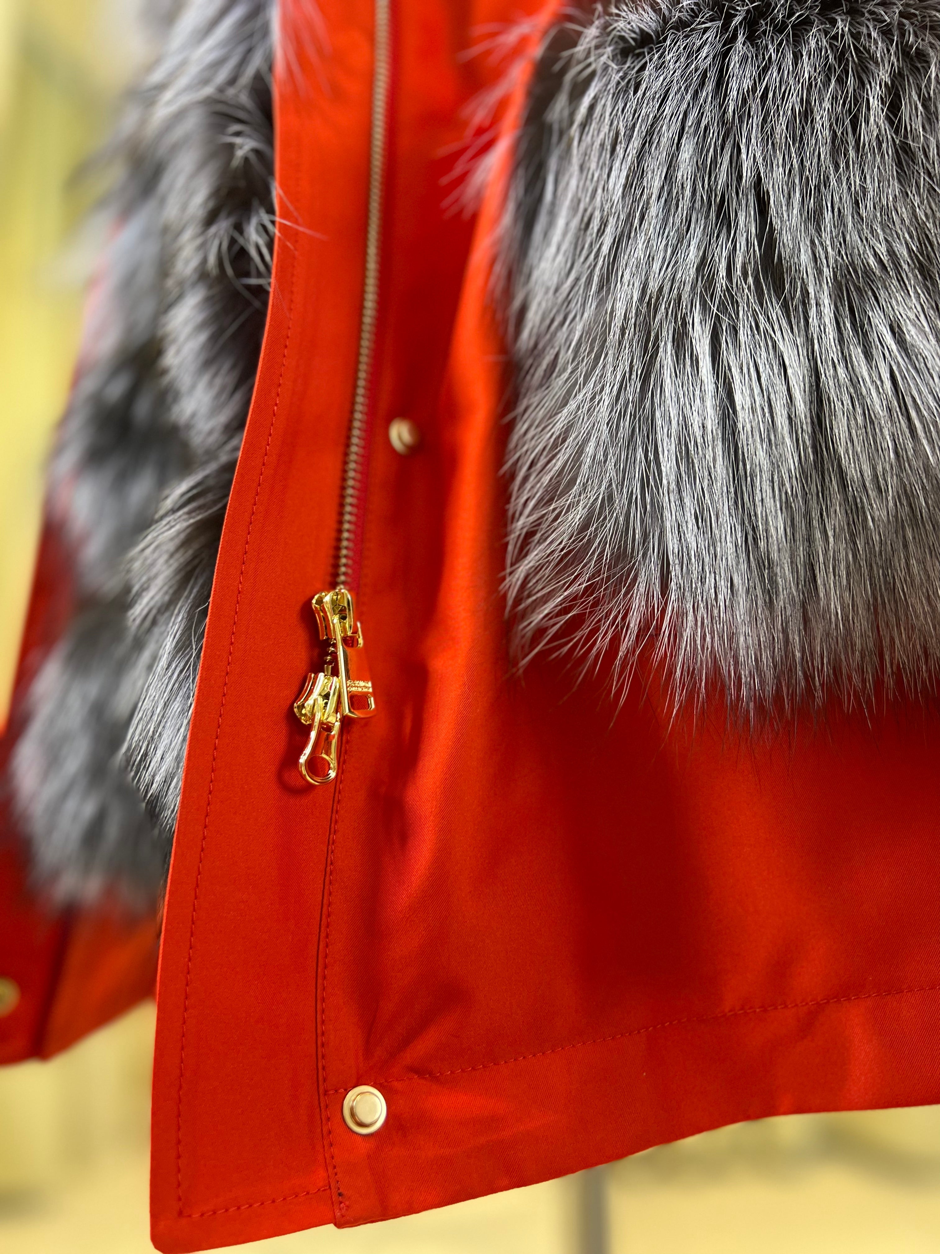 Roma Genuine Silver Fox Fur Rabbit Fur Insulated Parka in Red - Energize Trek