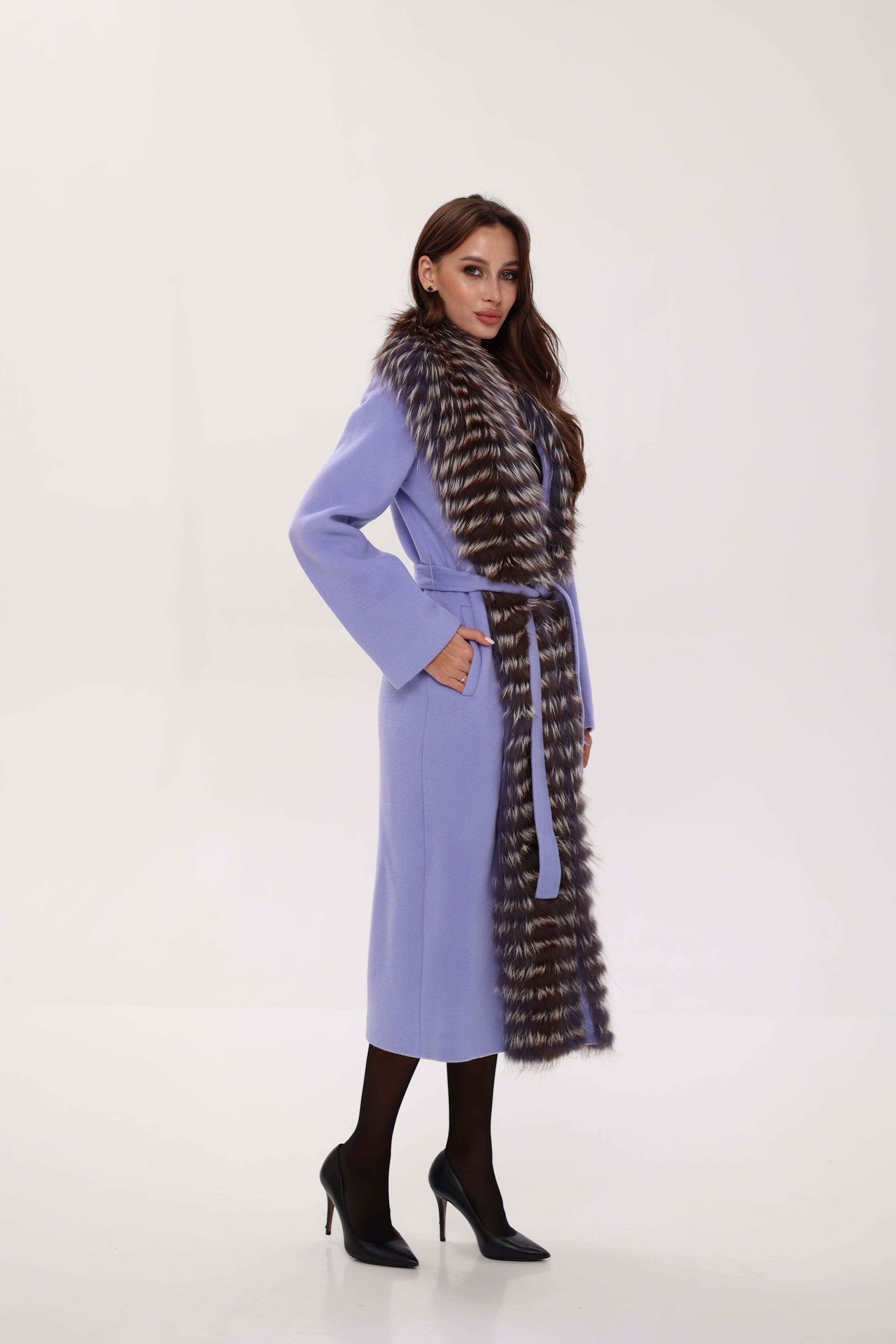 Genuine Silver Fox Virgin Wool Wrap Coat in Lavender - Energize Trek