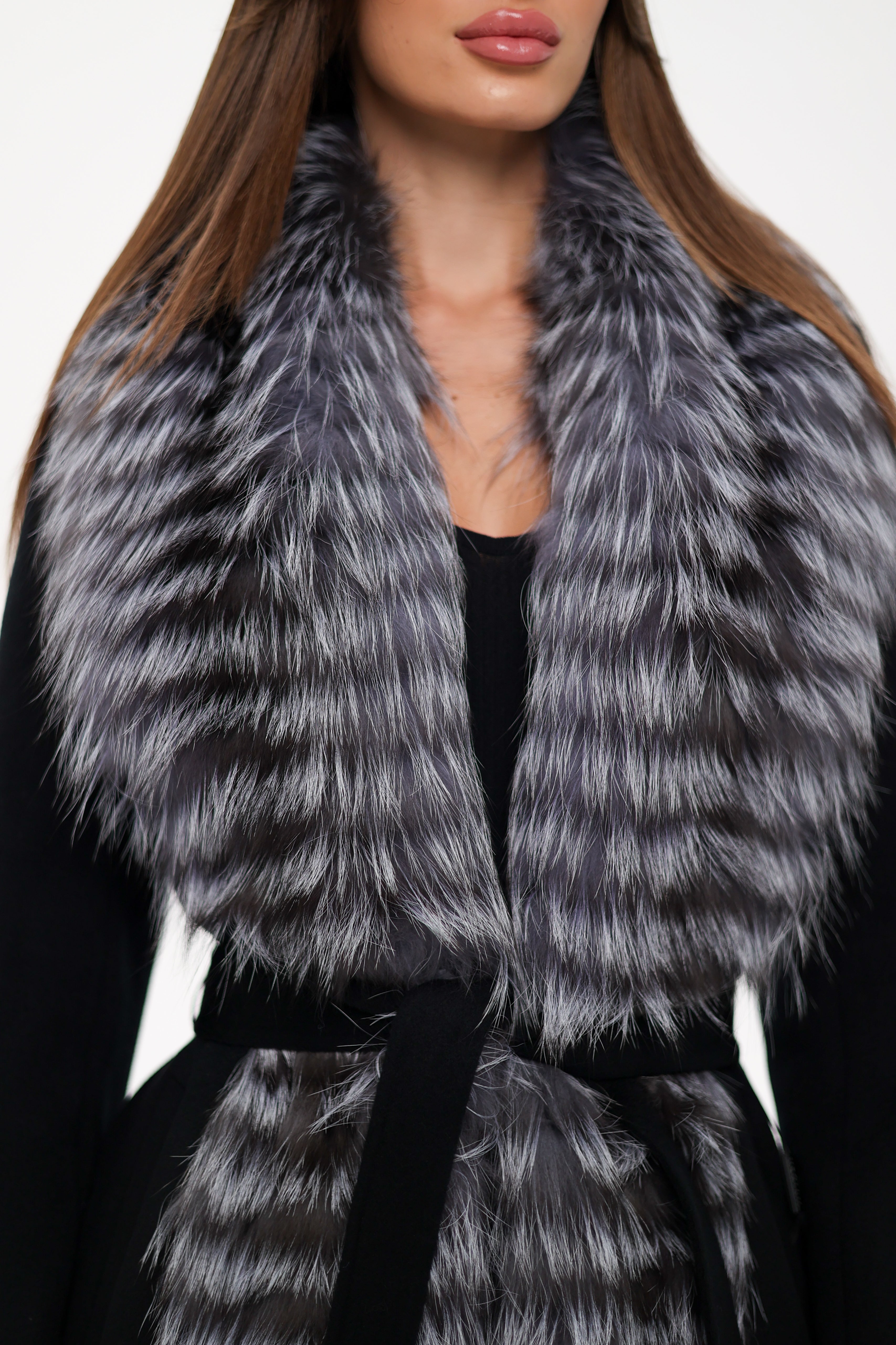 Genuine Silver Fox Virgin Wool Wrap Coat in Black - Energize Trek