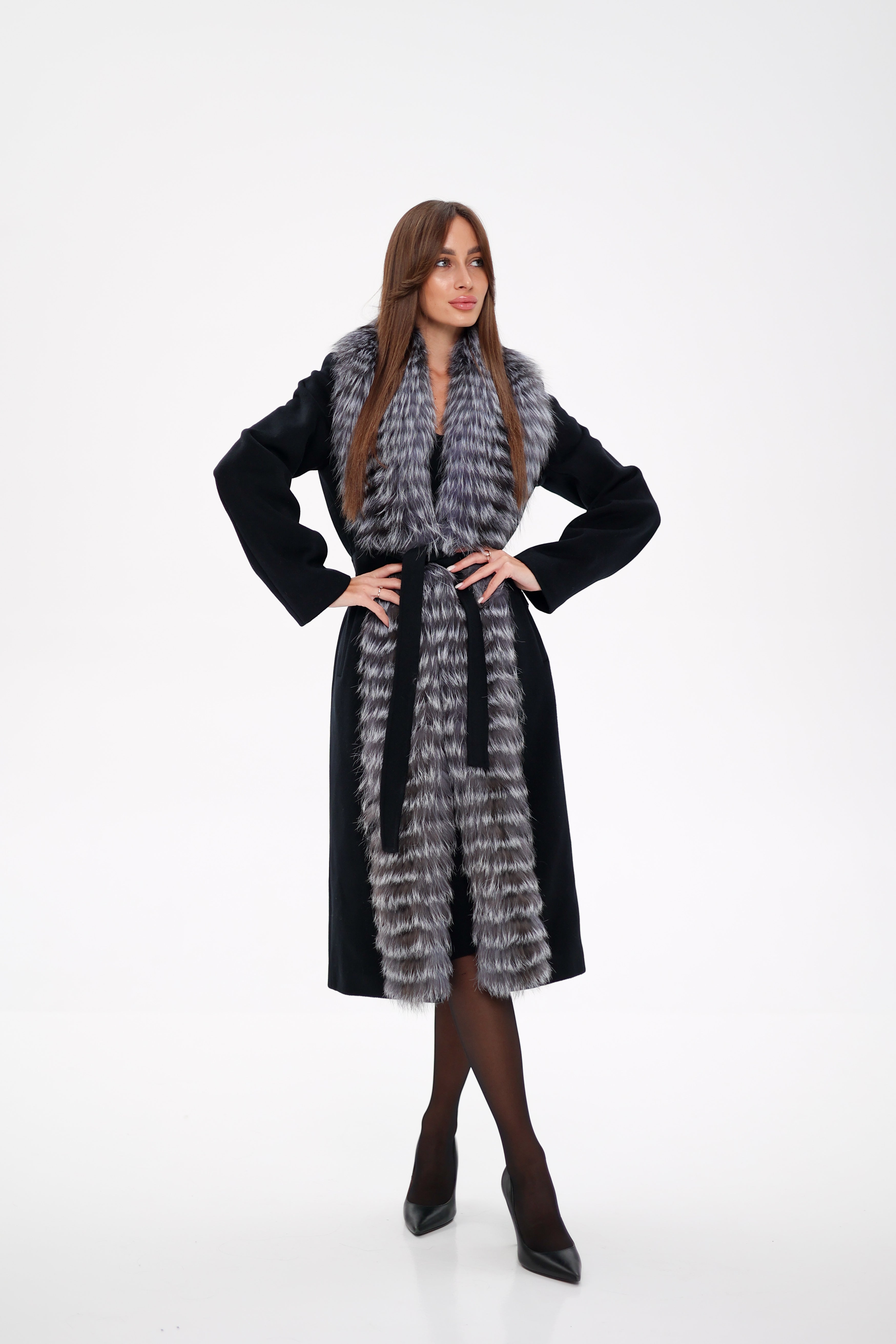 Genuine Silver Fox Virgin Wool Wrap Coat in Black - Energize Trek