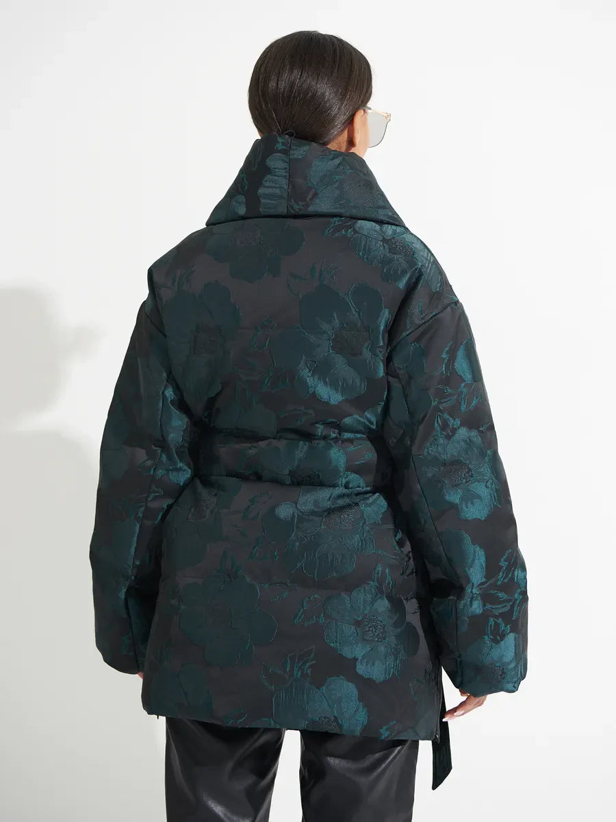 Monochrome Jacquard Down Coat in Vintage Emerald - Energize Trek