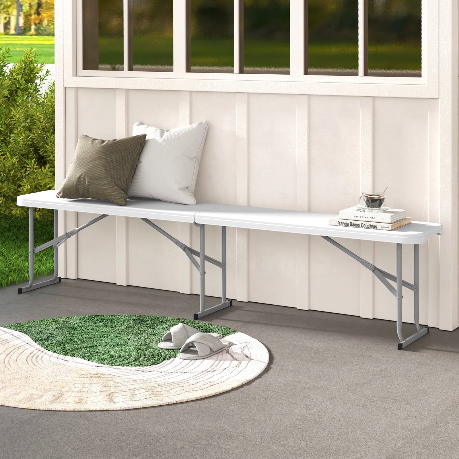 6 Feet Plastic Folding Bench Picnic Camping Dining Seat with Carrying Handle-White - Energize Trek