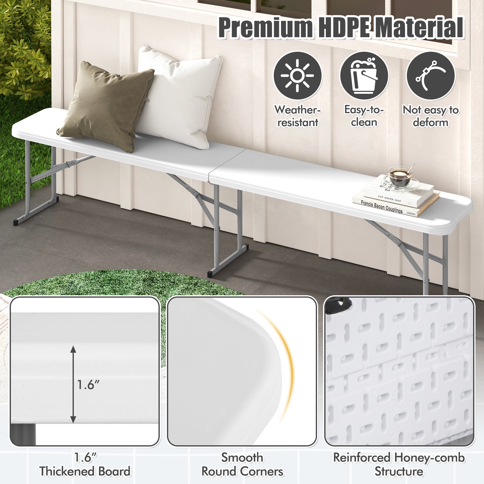 6 Feet Plastic Folding Bench Picnic Camping Dining Seat with Carrying Handle-White - Energize Trek