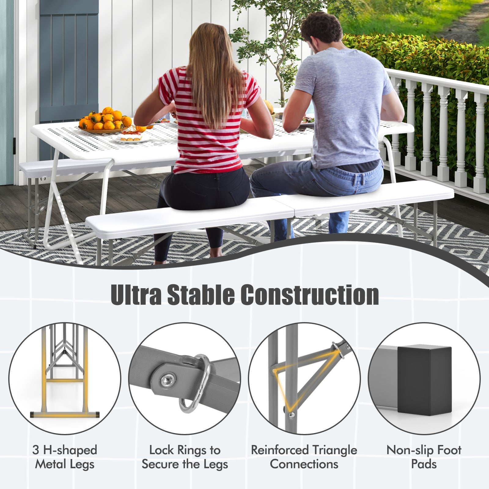 6 Feet Plastic Folding Bench Picnic Camping Dining Seat with Carrying Handle-White - Energize Trek