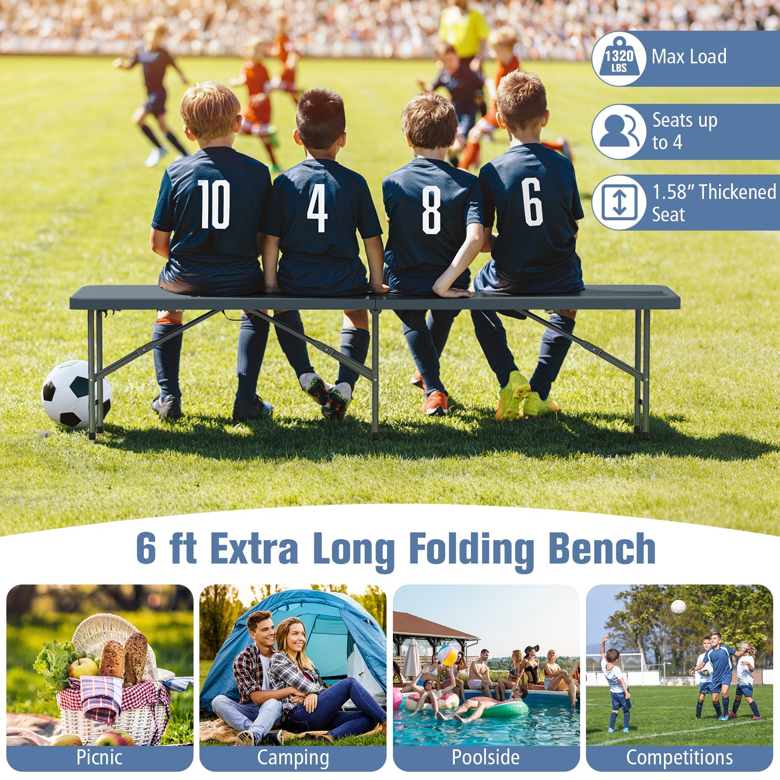 6 Feet Plastic Folding Bench Portable Seat with Handle and Lock - Energize Trek